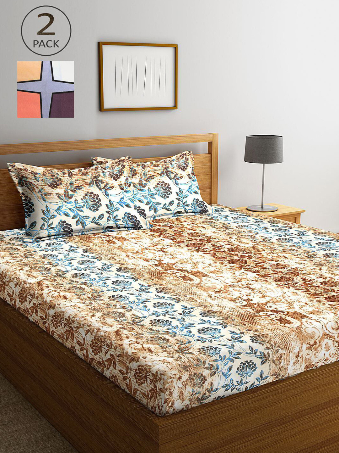 

KLOTTHE Grey & Blue Floral 210 TC 2 King Bedsheet with 4 Pillow Covers