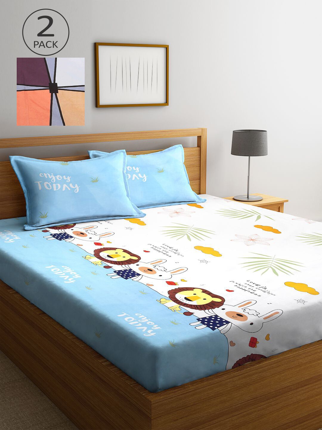 

KLOTTHE Set of 2 Grey & Blue 300 TC King Bedsheet with 4 Pillow Covers