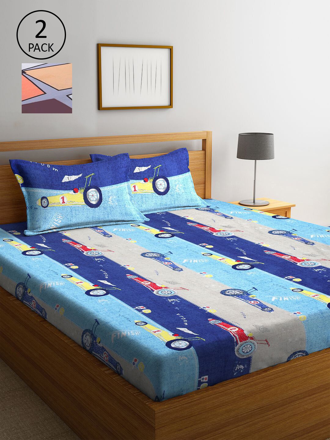 

KLOTTHE Set of 2 Blue & Grey Cartoon Characters 300 TC King Bedsheet with 4 Pillow Covers