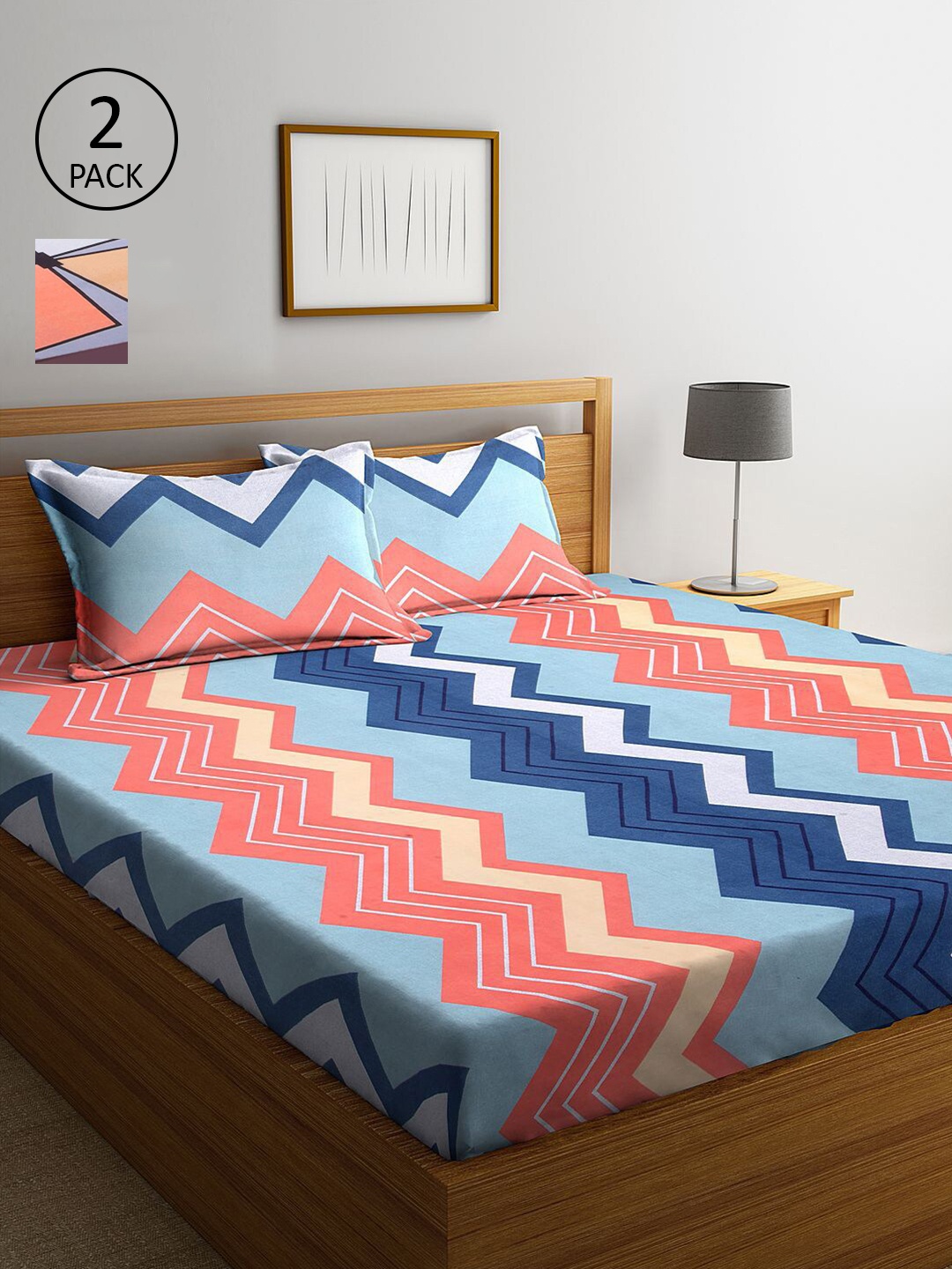 

KLOTTHE Grey & Blue Geometric 210 TC 2 King Bedsheet with 4 Pillow Covers