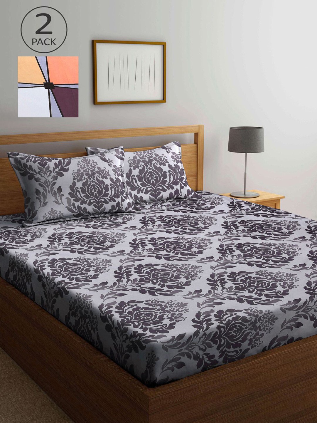 

KLOTTHE Grey & Orange Floral 210 TC 2 King Bedsheet with 4 Pillow Covers