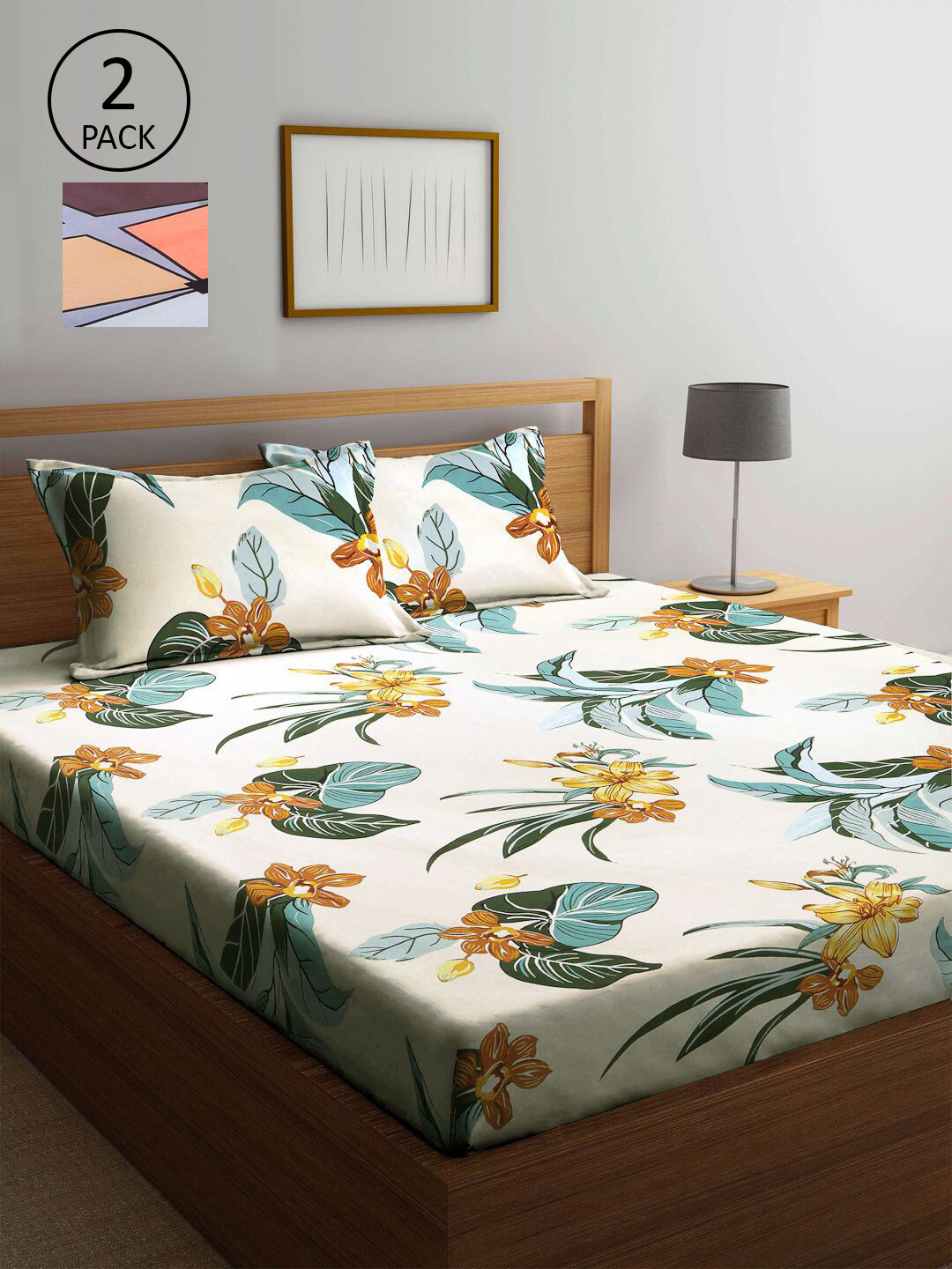 

KLOTTHE Grey & Cream-Coloured Floral 210 TC 2 King Bedsheet with 4 Pillow Covers