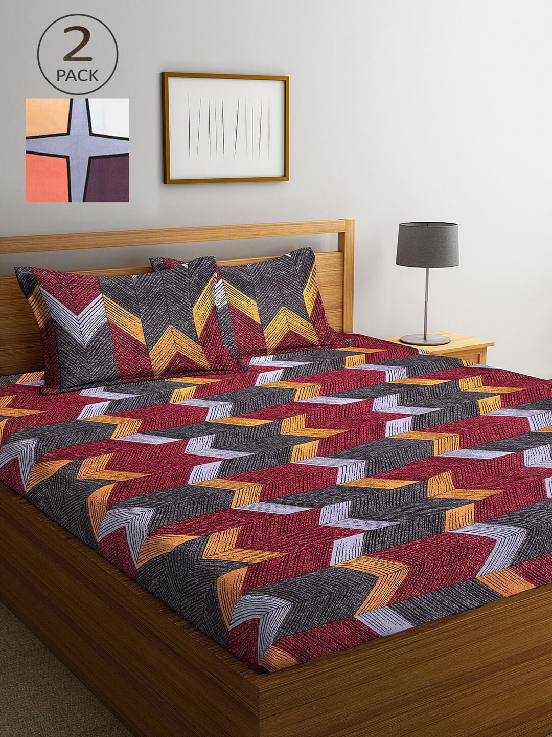 

KLOTTHE Grey & Maroon Geometric 210 TC 2 King Bedsheet with 4 Pillow Covers