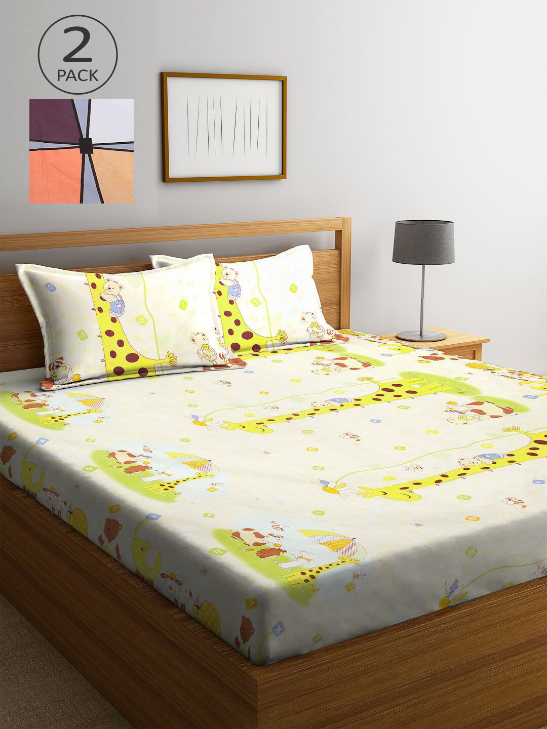 

KLOTTHE Set of 2 Grey & Yellow Cartoon Character 300 TC King Bedsheet with 4 Pillow Covers