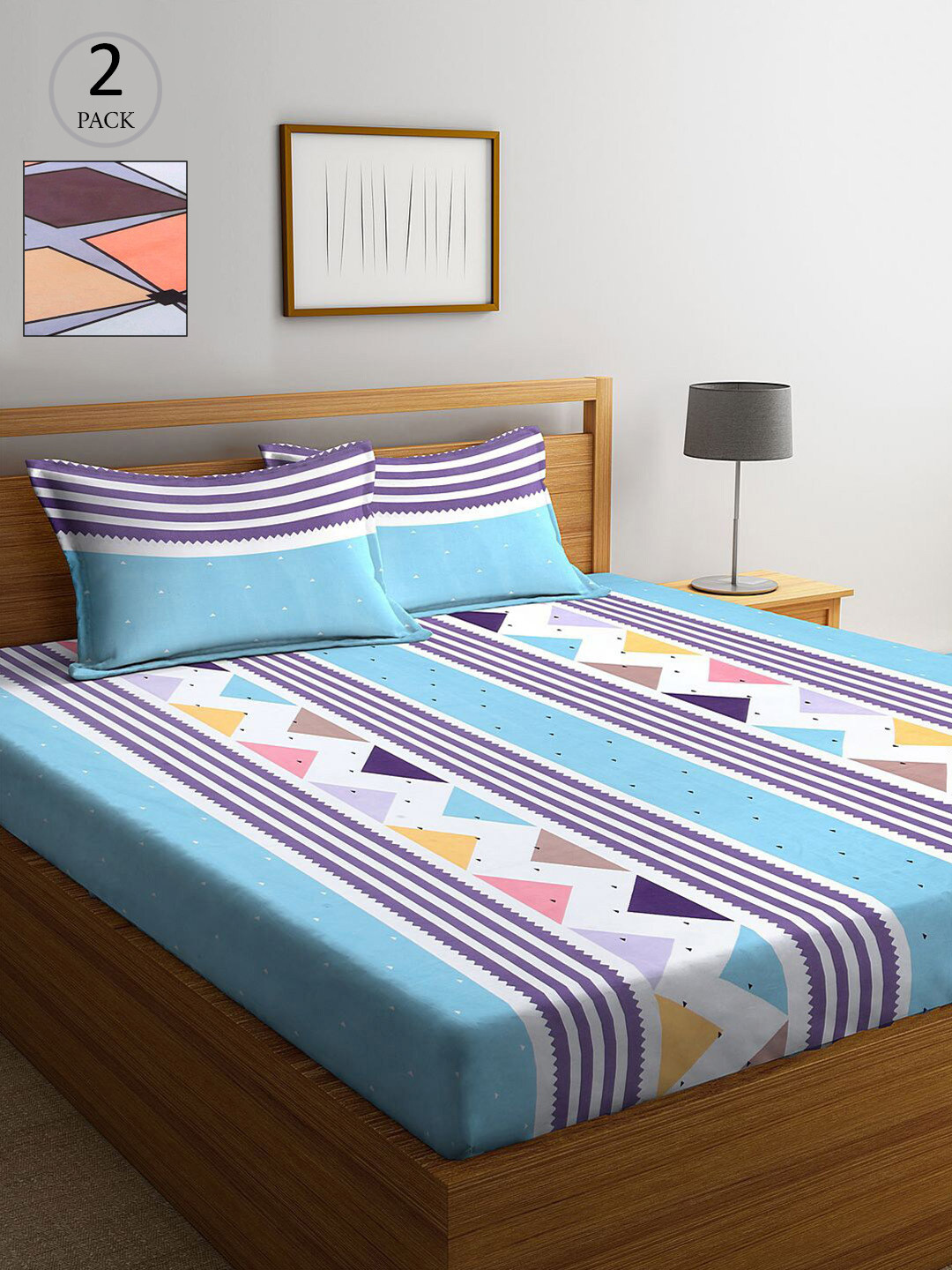 

KLOTTHE Set of 2 Multicoloured Striped 300 TC King Bedsheet with 4 Pillow Covers, Multi