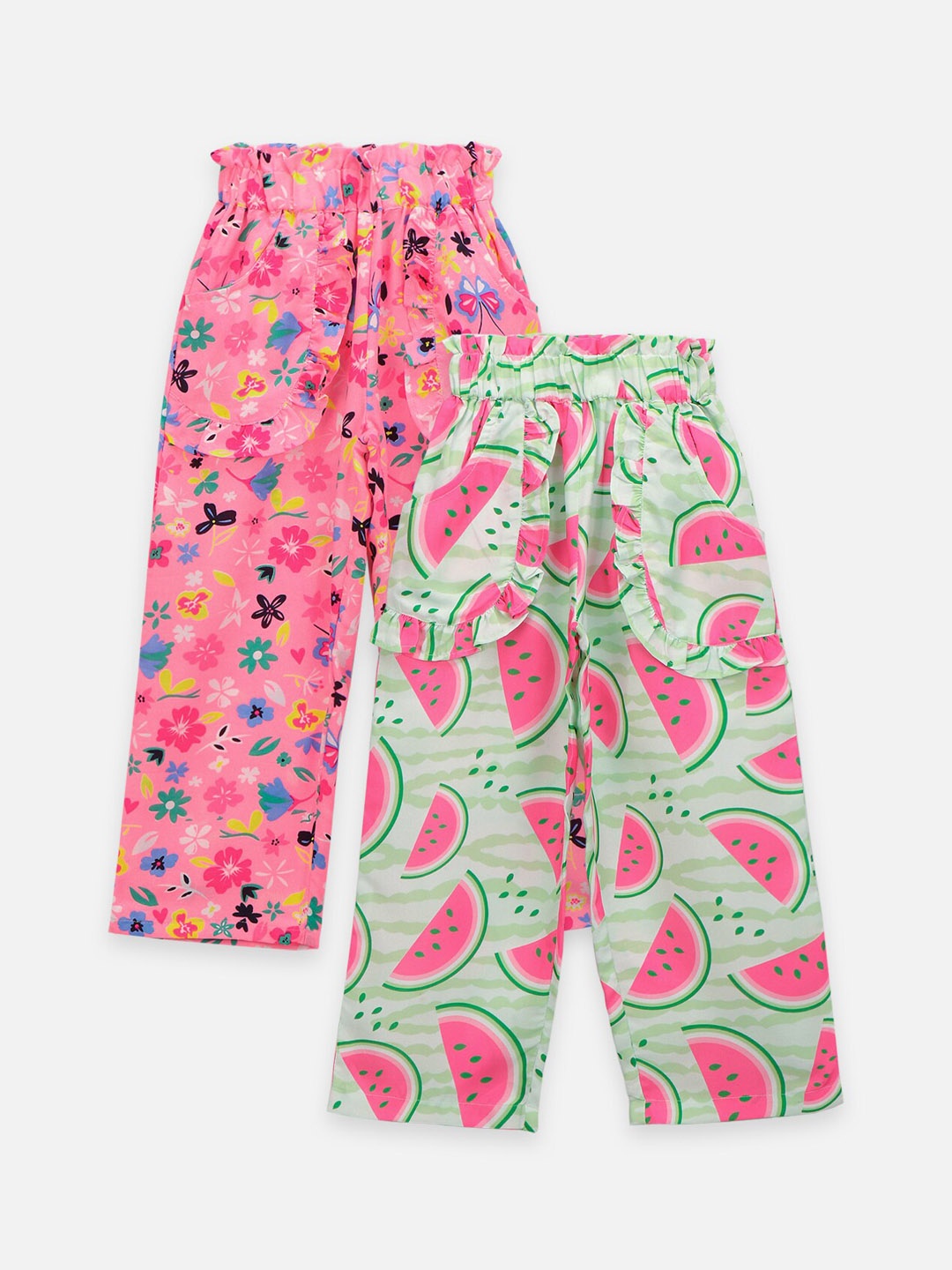 

LilPicks Girls Set of 2 Green & Pink Printed Track Pants