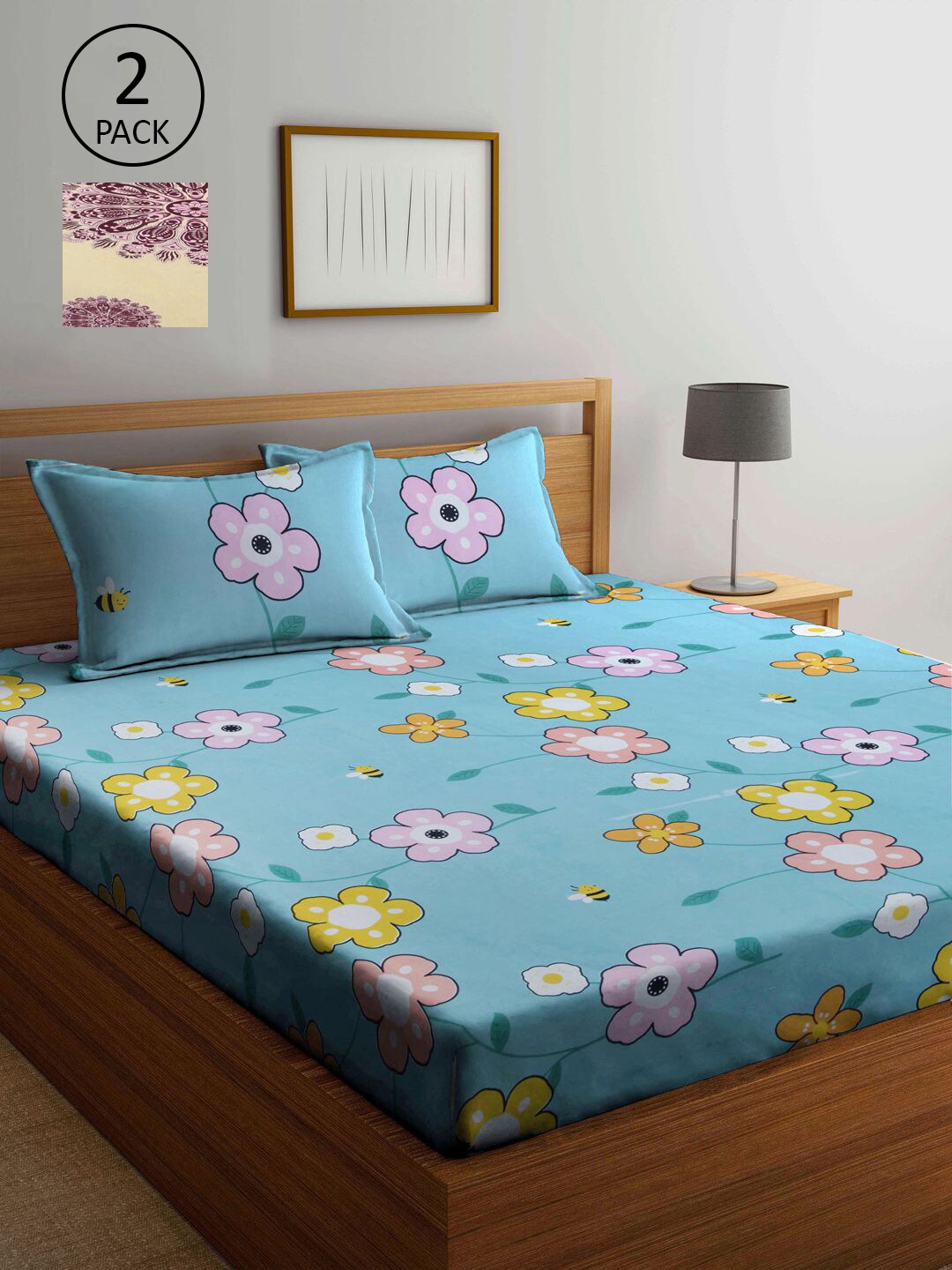 

KLOTTHE Blue & Cream-Coloured Floral 210 TC 2 King Bedsheet with 4 Pillow Covers