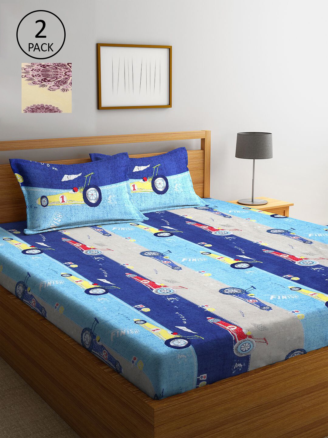 

KLOTTHE Blue & Cream-Coloured Cartoon Characters 210 TC 2 King Bedsheet with 4 Pillow Covers