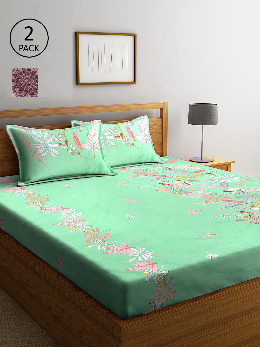 

KLOTTHE Green & Cream-Coloured Floral 210 TC 2 King Bedsheet with 4 Pillow Covers