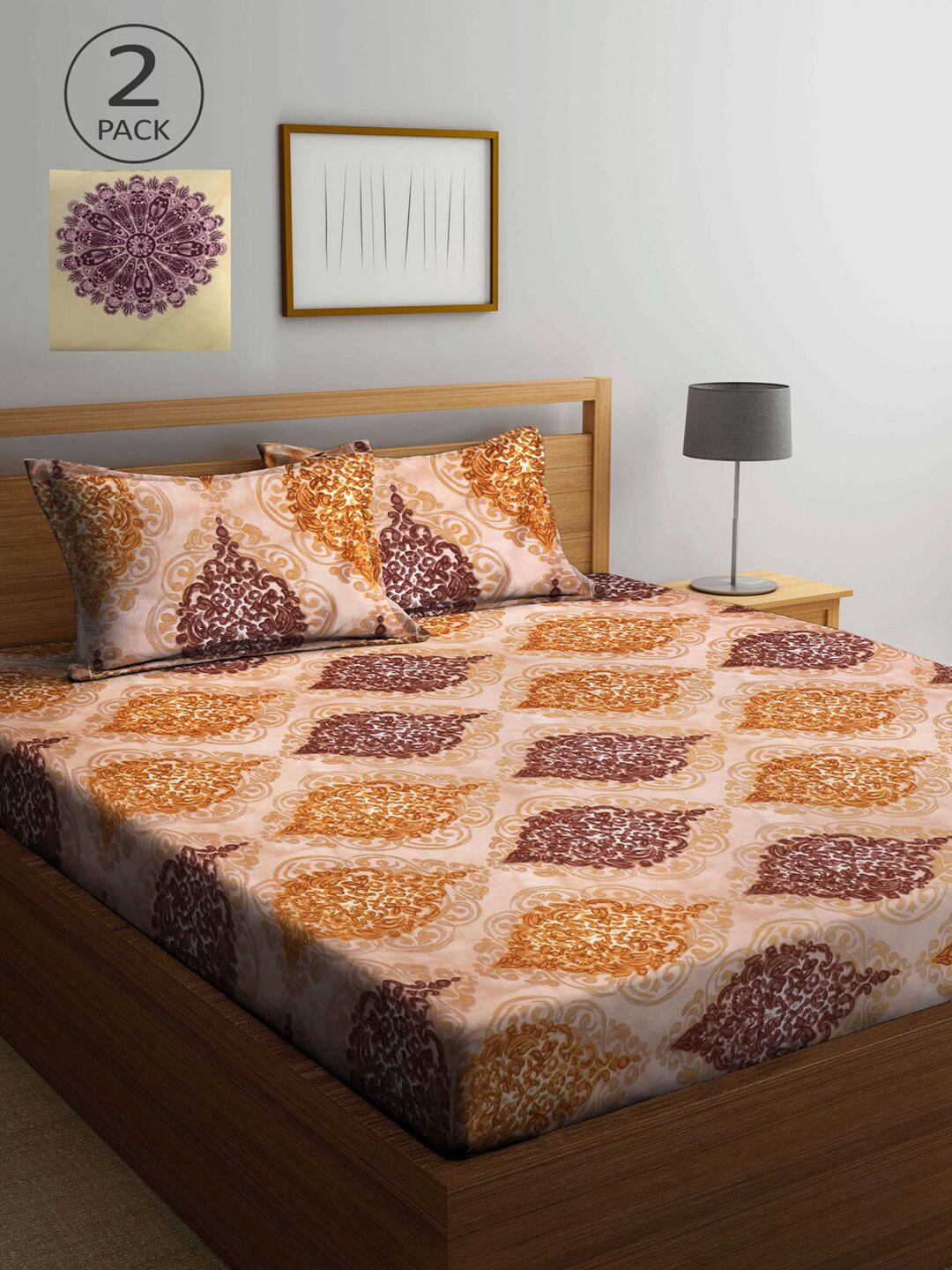 

KLOTTHE Beige & Cream-Coloured Ethnic Motifs 210 TC 2 King Bedsheet with 4 Pillow Covers