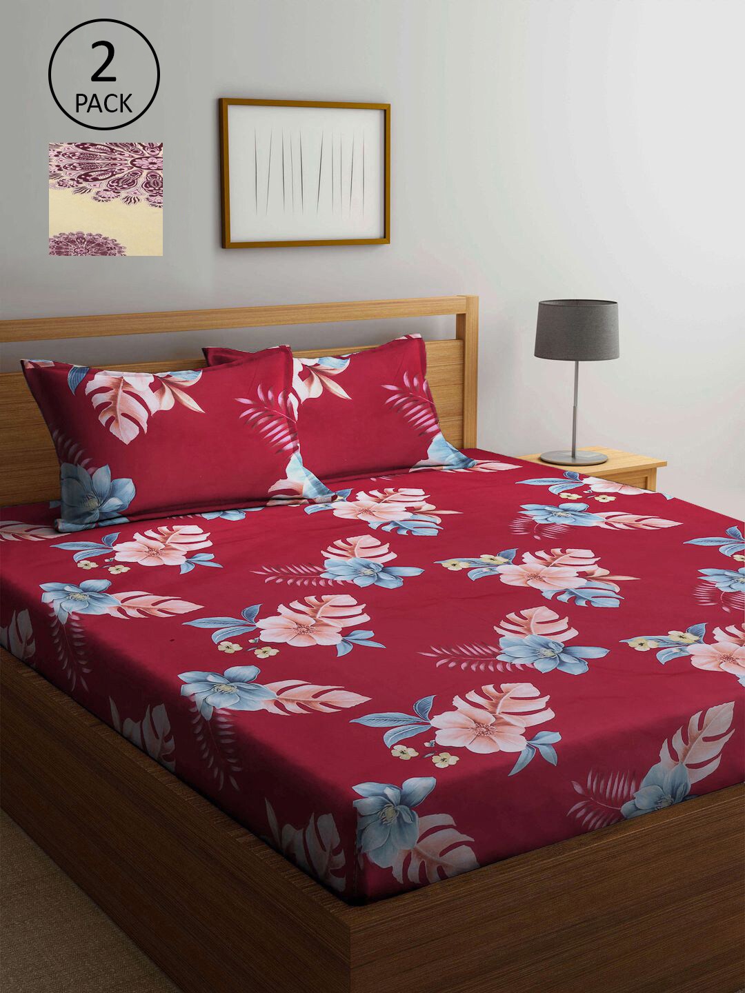 

KLOTTHE Red & Cream-Coloured Floral 210 TC 2 King Bedsheet with 4 Pillow Covers