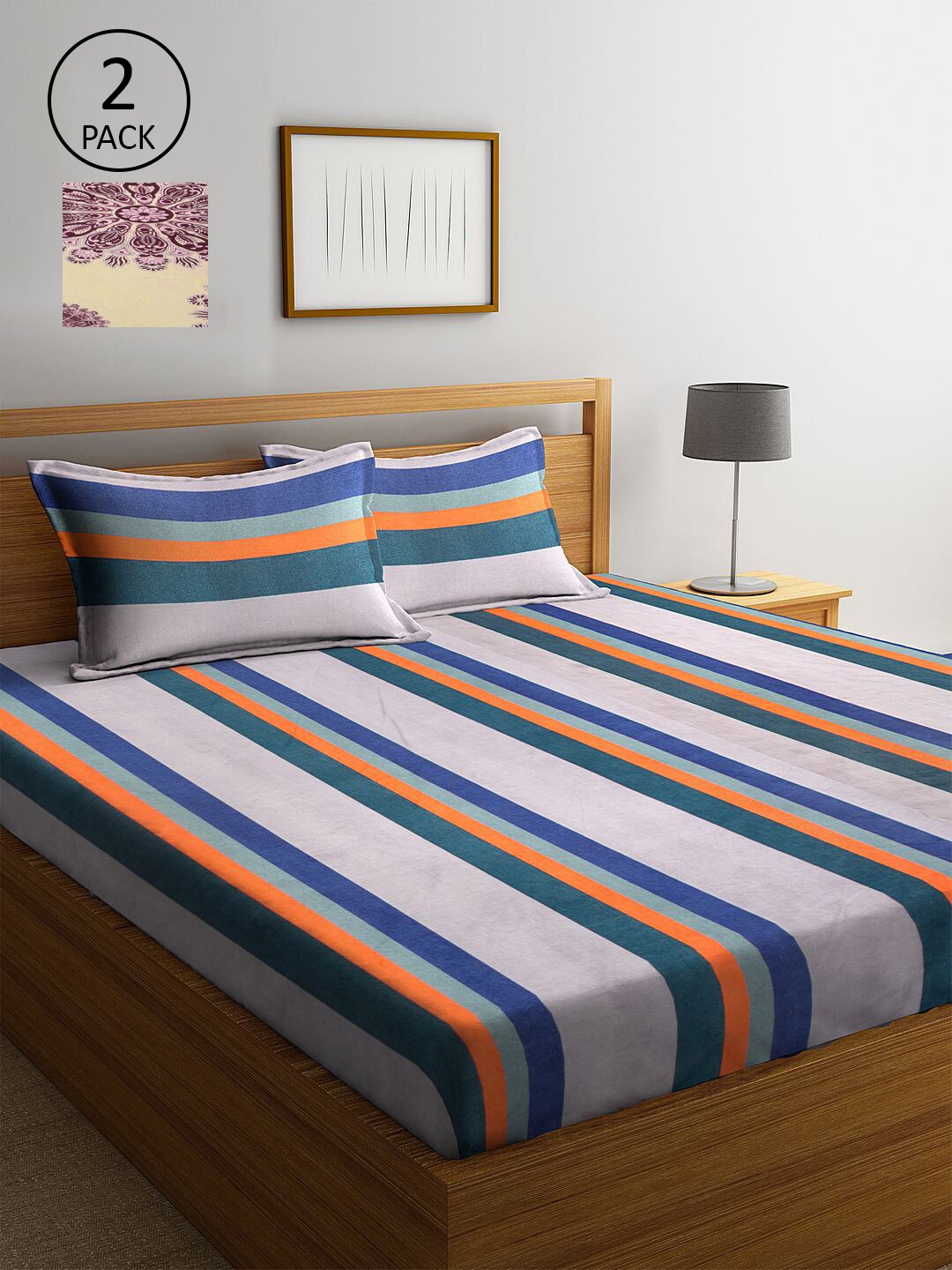 

KLOTTHE Cream-Coloured & Grey Striped 210 TC 2 King Bedsheet with 4 Pillow Covers