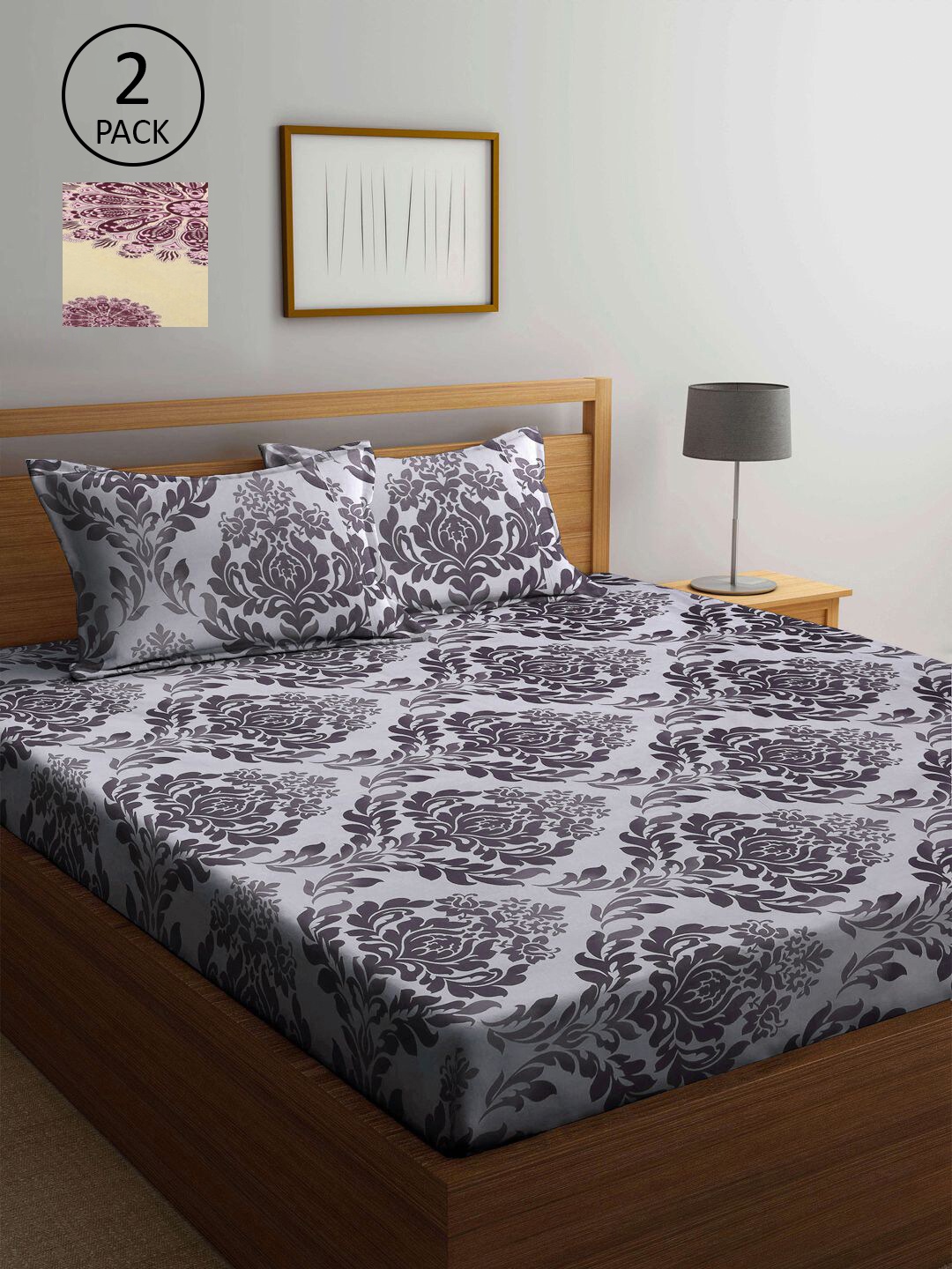 

KLOTTHE Grey & Cream-Coloured Floral 210 TC 2 King Bedsheet with 4 Pillow Covers