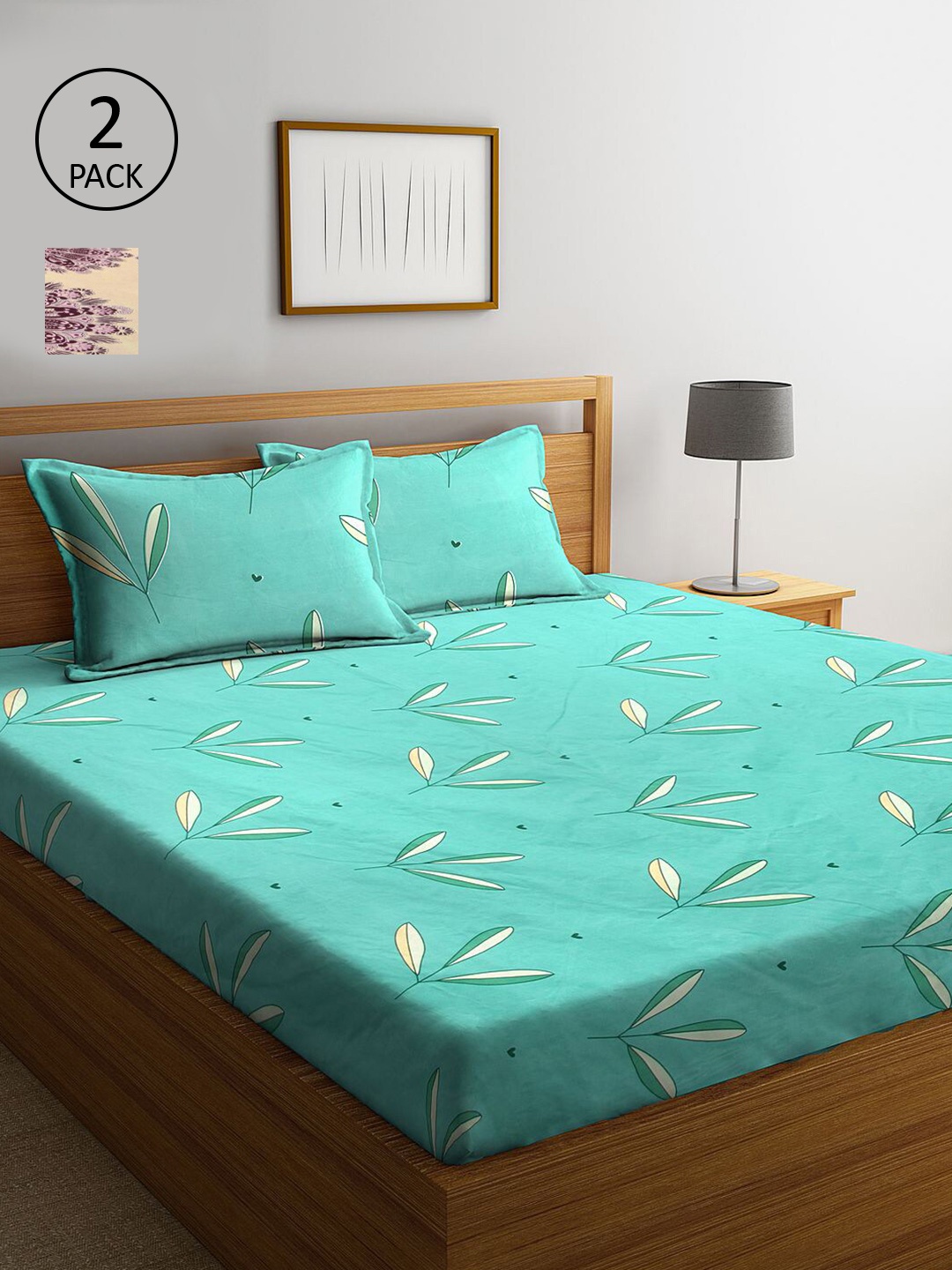 

KLOTTHE Sea Green & Cream-Coloured Floral 210 TC 2 King Bedsheet with 4 Pillow Covers