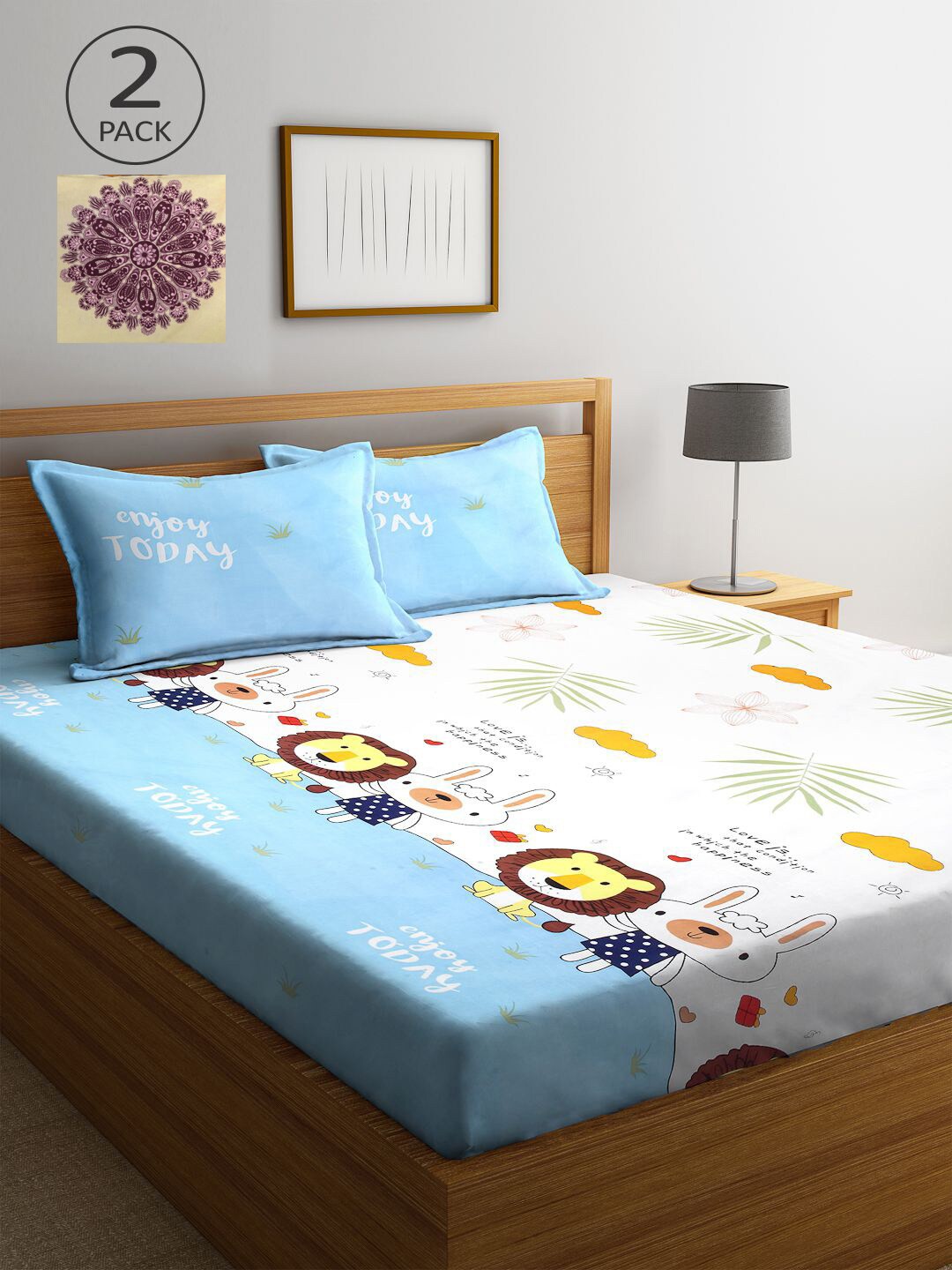 

KLOTTHE White & Cream-Coloured Cartoon Characters 210 TC 2 King Bedsheet with 4 Pillow Covers