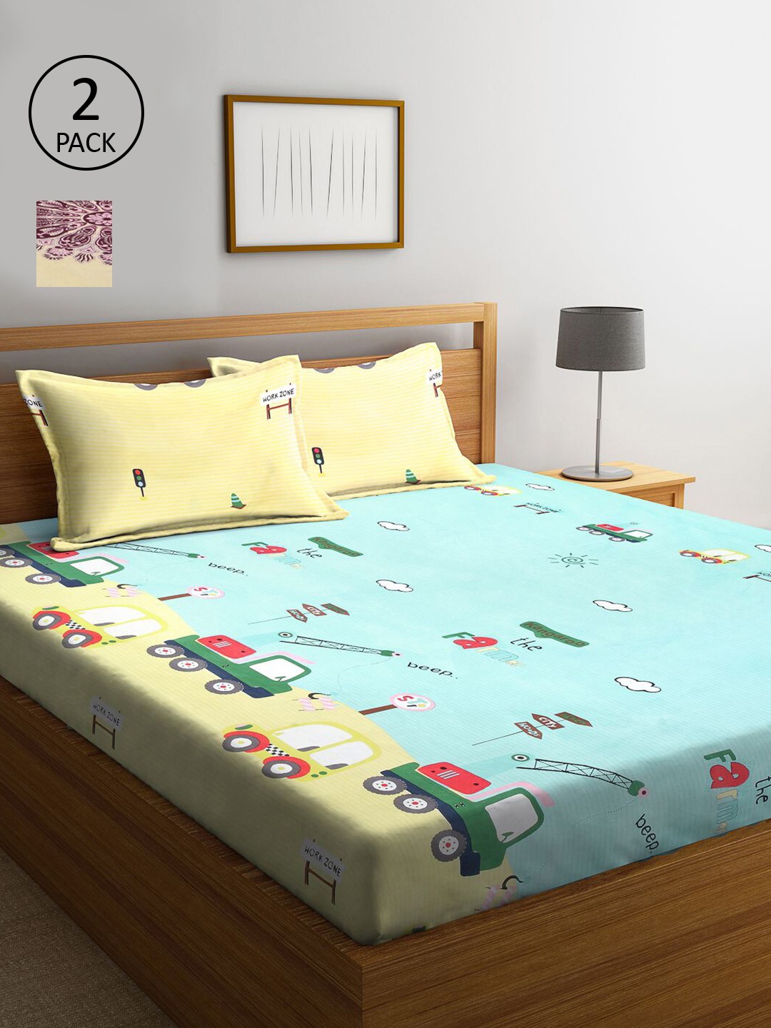 

KLOTTHE Blue & Cream-Coloured Cartoon Characters 210 TC 2 King Bedsheet with 4 Pillow Covers