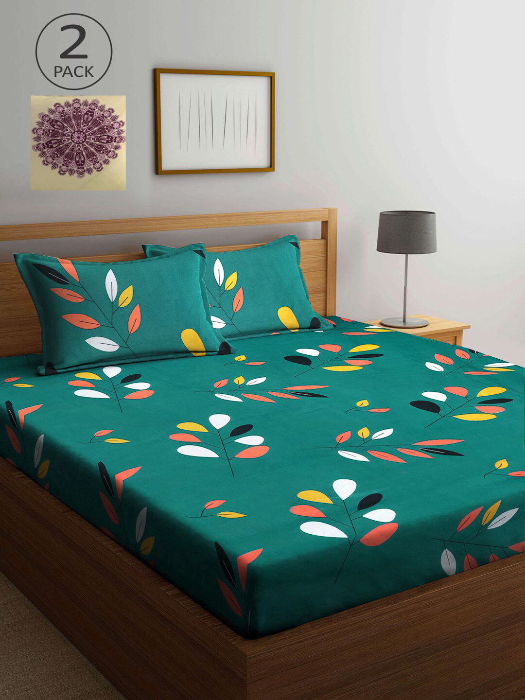 

KLOTTHE Green & Cream-Coloured Floral 210 TC 2 King Bedsheet with 4 Pillow Covers