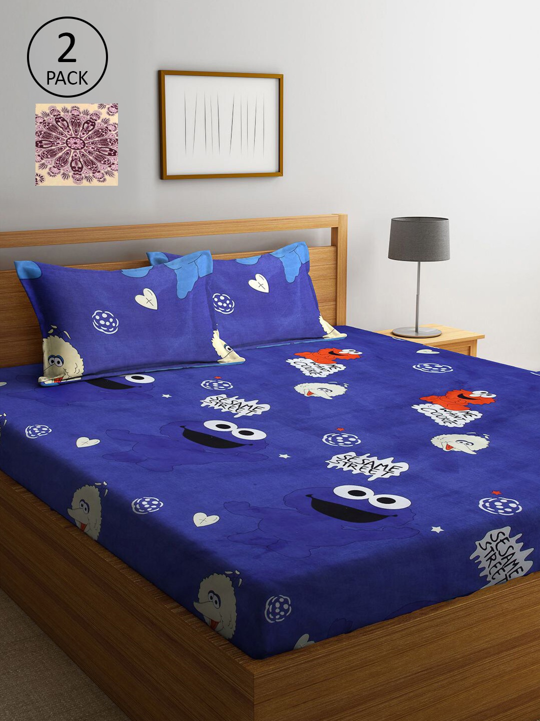 

KLOTTHE Blue & Cream-Coloured Cartoon Characters 210 TC 2 King Bedsheet with 4 Pillow Covers