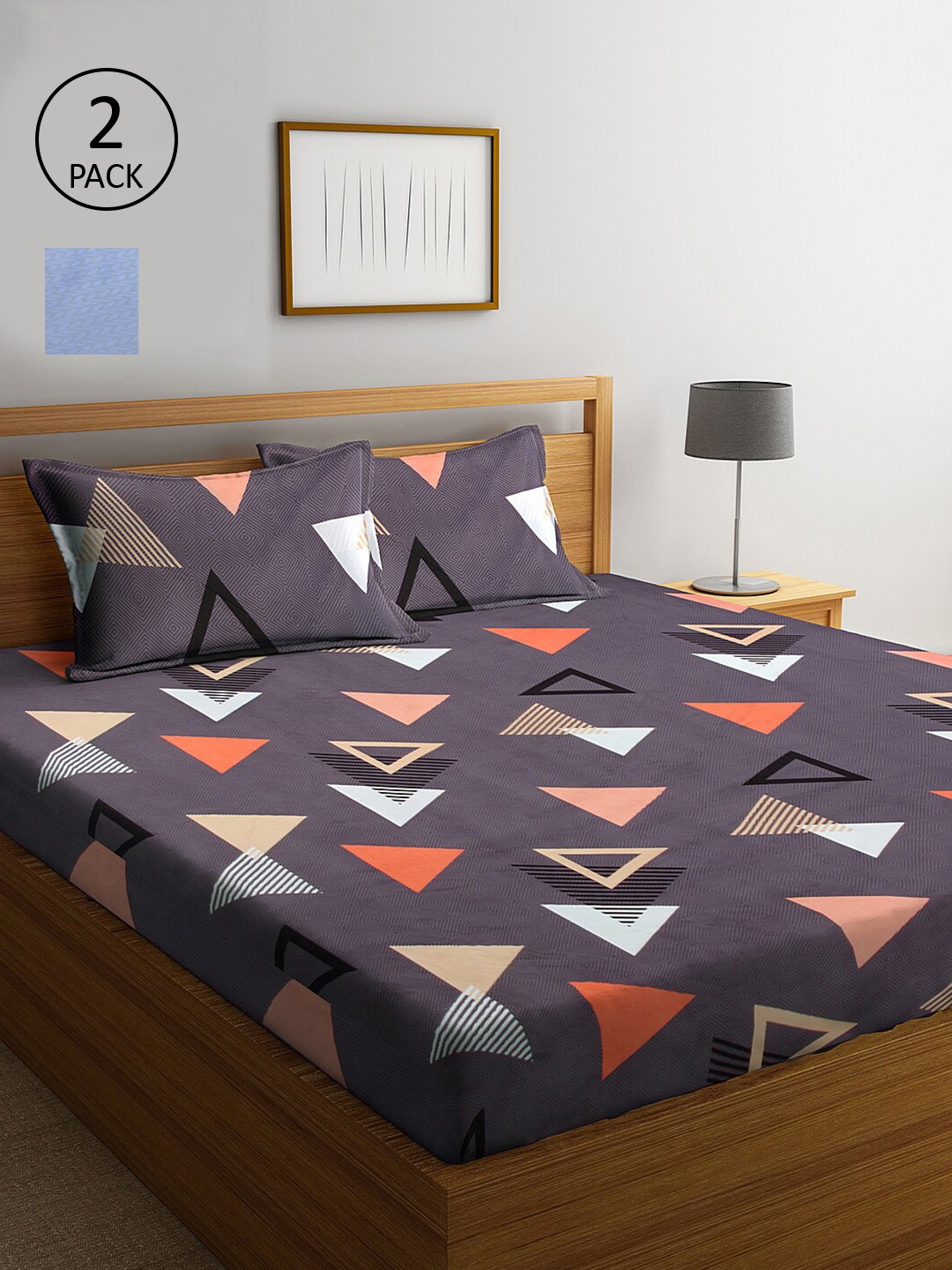 

KLOTTHE Blue & Grey Geometric 210 TC 2 King Bedsheet with 4 Pillow Covers
