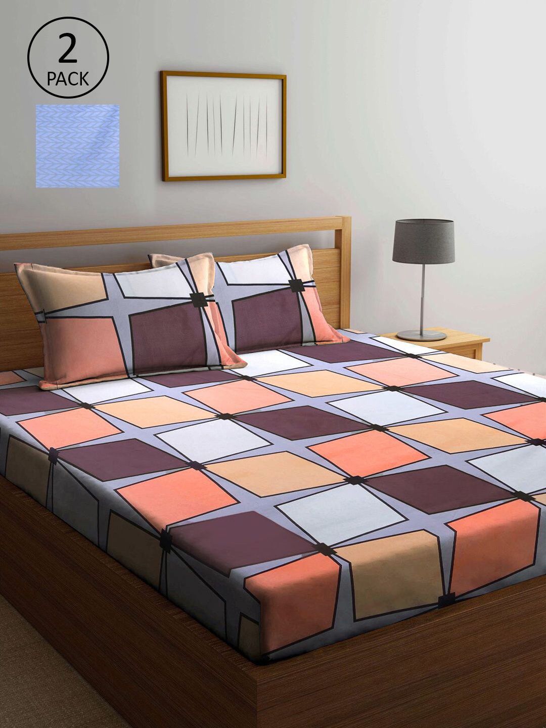 

KLOTTHE Blue & Peach-Coloured Geometric 210 TC 2 King Bedsheet with 4 Pillow Covers