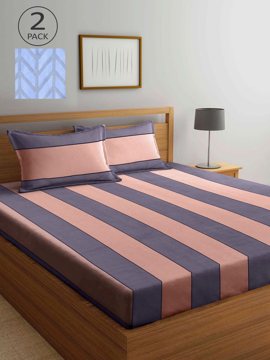 

KLOTTHE Blue & Grey Striped 210 TC 2 King Bedsheet with 4 Pillow Covers