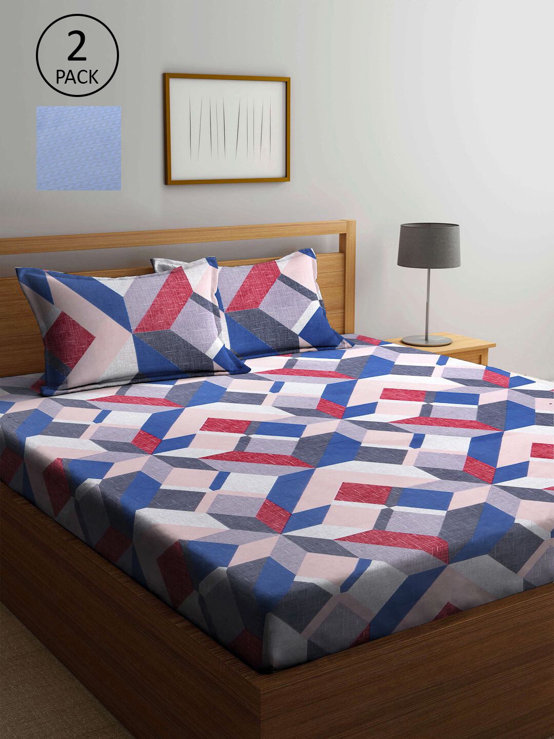 

KLOTTHE Blue & Maroon Geometric 210 TC 2 King Bedsheet with 4 Pillow Covers