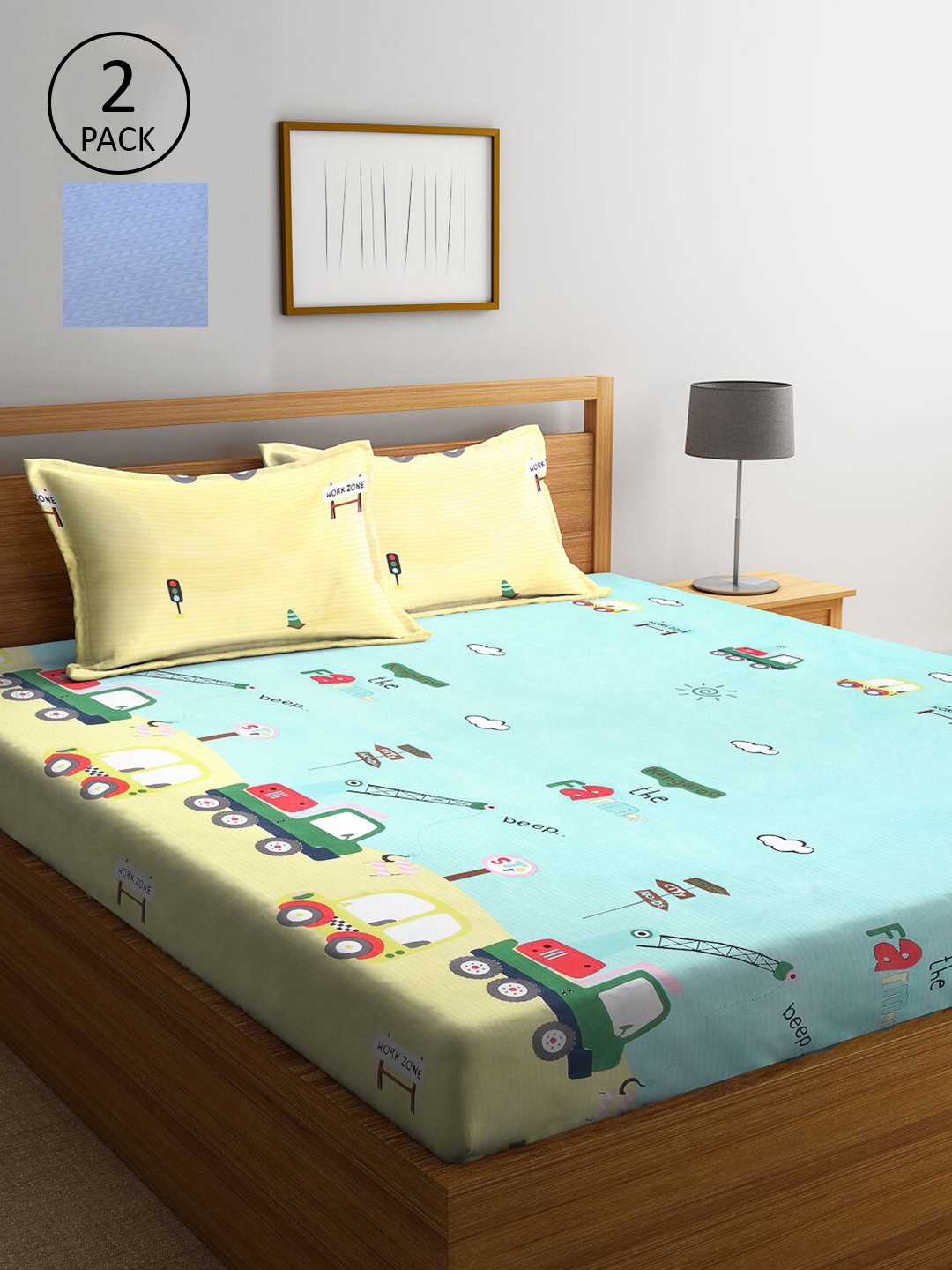 

KLOTTHE Blue & Yellow Cartoon Characters 210 TC 2 King Bedsheet with 4 Pillow Covers