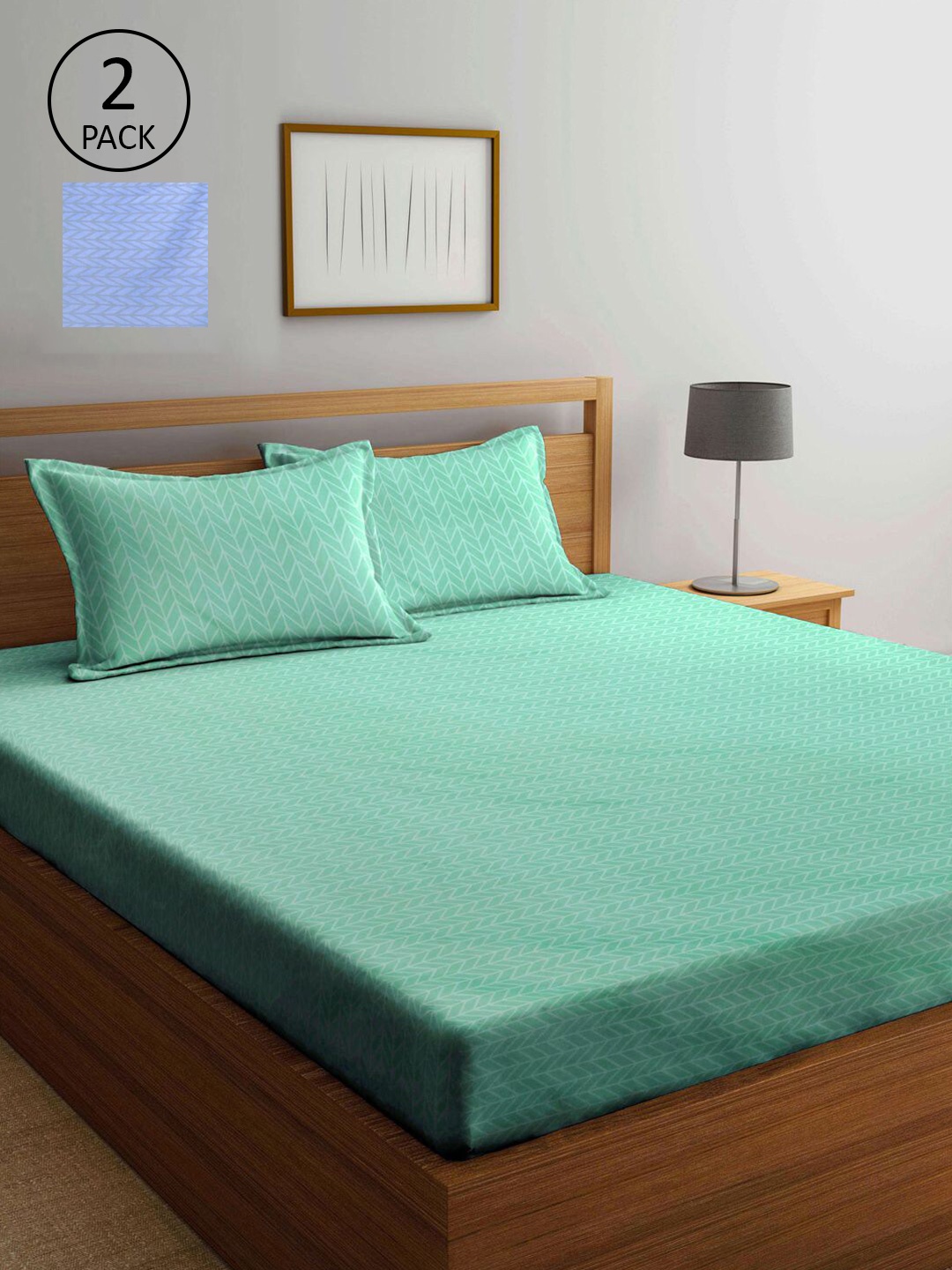 

KLOTTHE Blue & Sea Green Geometric 210 TC 2 King Bedsheet with 4 Pillow Covers
