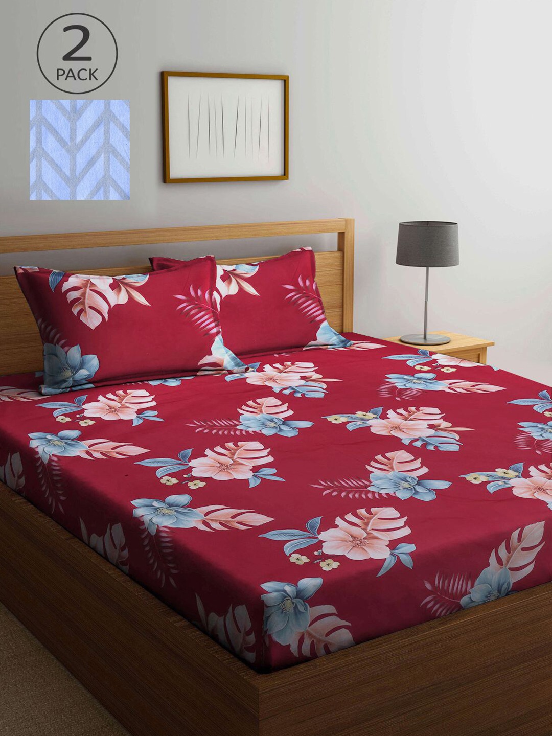 

KLOTTHE Red & Blue Floral 210 TC 2 King Bedsheet with 4 Pillow Covers