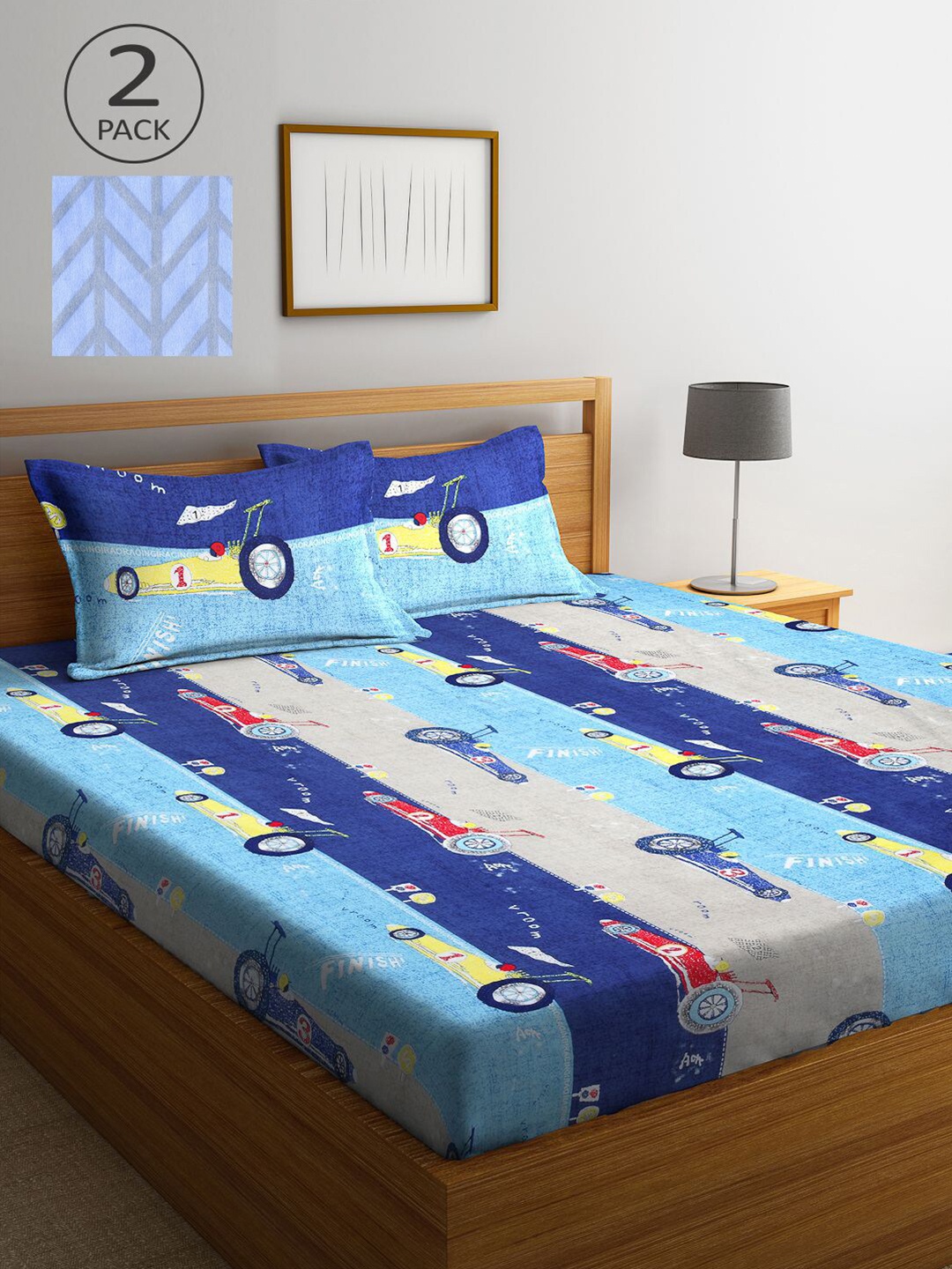 

KLOTTHE Blue Cartoon Characters 210 TC 2 King Bedsheet with 4 Pillow Covers