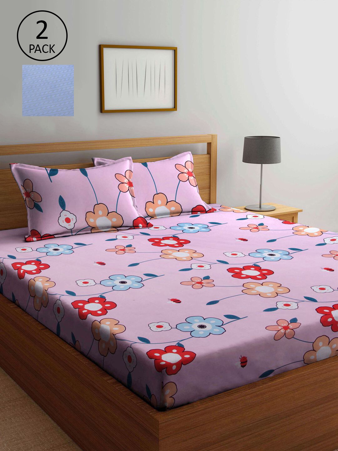 

KLOTTHE Pink & Blue Floral 210 TC 2 King Bedsheet with 4 Pillow Covers