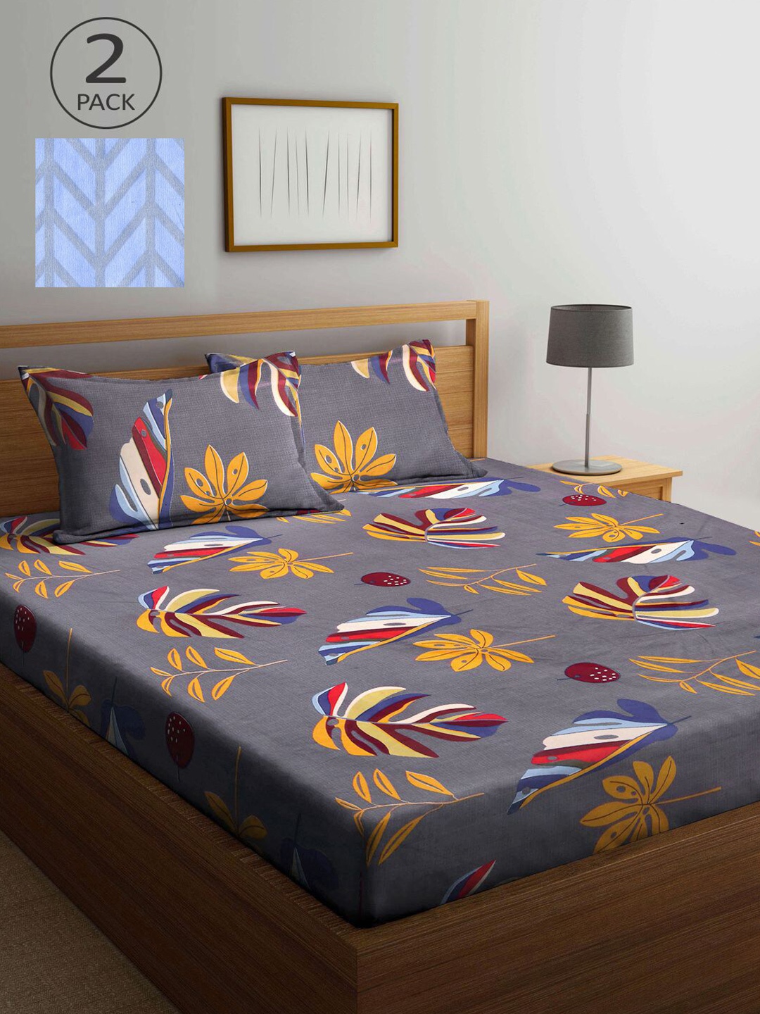 

KLOTTHE Grey & Blue Floral 210 TC 2 King Bedsheet with 4 Pillow Covers