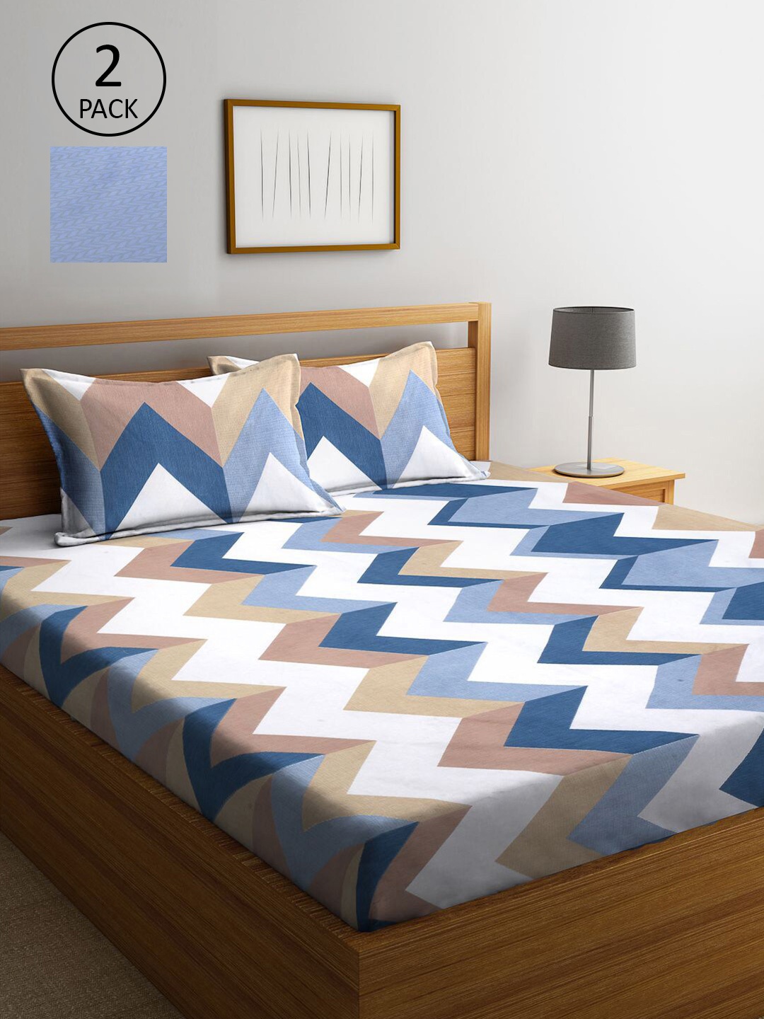 

KLOTTHE Blue & White Geometric 210 TC 2 King Bedsheet with 4 Pillow Covers