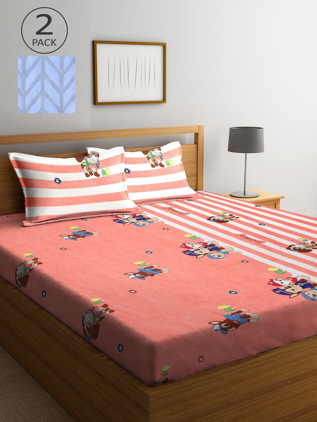 

KLOTTHE Blue & Peach-Coloured Cartoon Characters 210 TC 2 King Bedsheet with 4 Pillow Covers