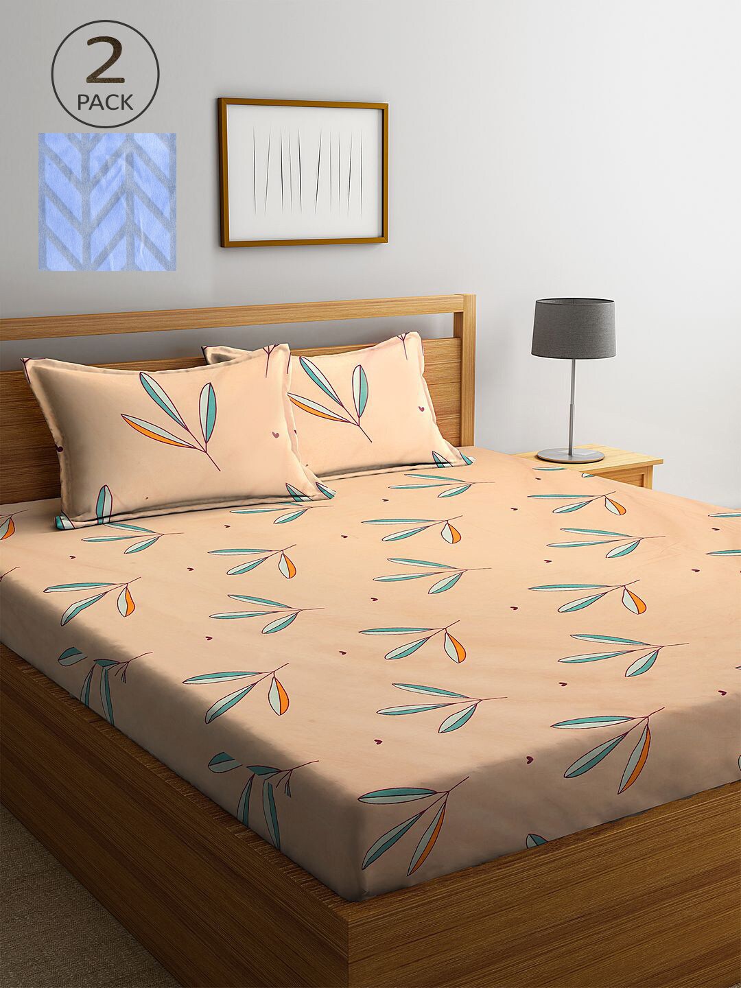 

KLOTTHE Beige & Blue Floral 210 TC 2 King Bedsheet with 4 Pillow Covers