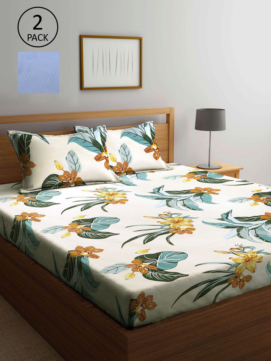 

KLOTTHE Blue & Cream-Coloured Floral 210 TC 2 King Bedsheet with 4 Pillow Covers