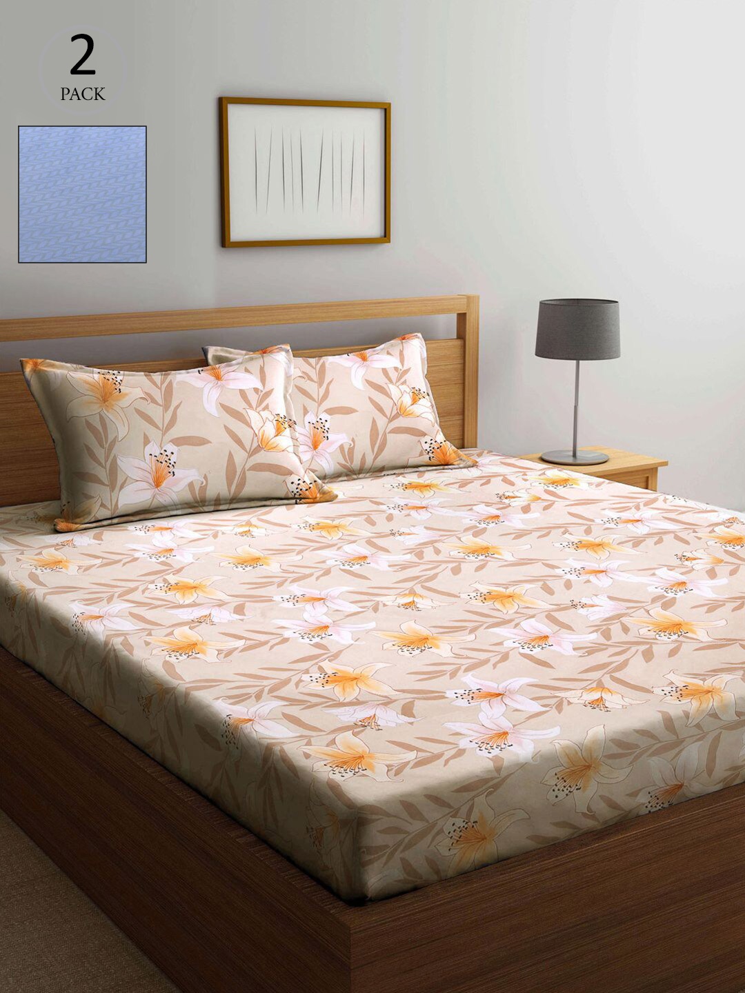 

KLOTTHE Cream-Coloured & Blue Floral 210 TC 2 King Bedsheet with 4 Pillow Covers