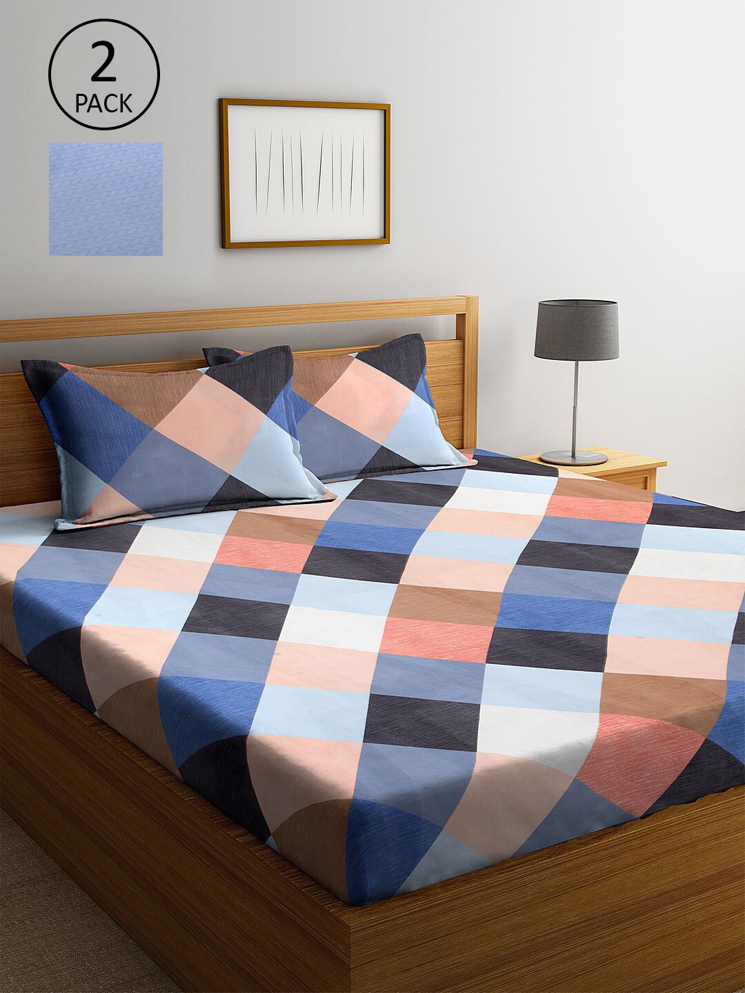 

KLOTTHE Blue & Grey Geometric 210 TC 2 King Bedsheet with 4 Pillow Covers