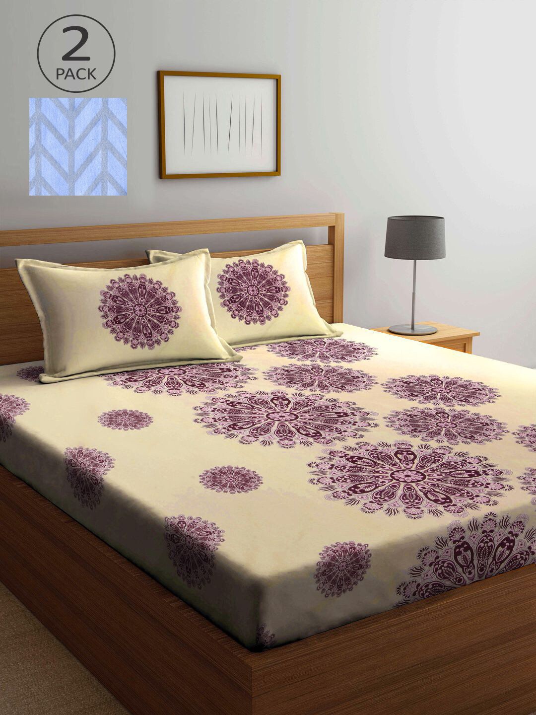 

KLOTTHE Cream-Coloured & Blue Ethnic Motifs 210 TC 2 King Bedsheet with 4 Pillow Covers