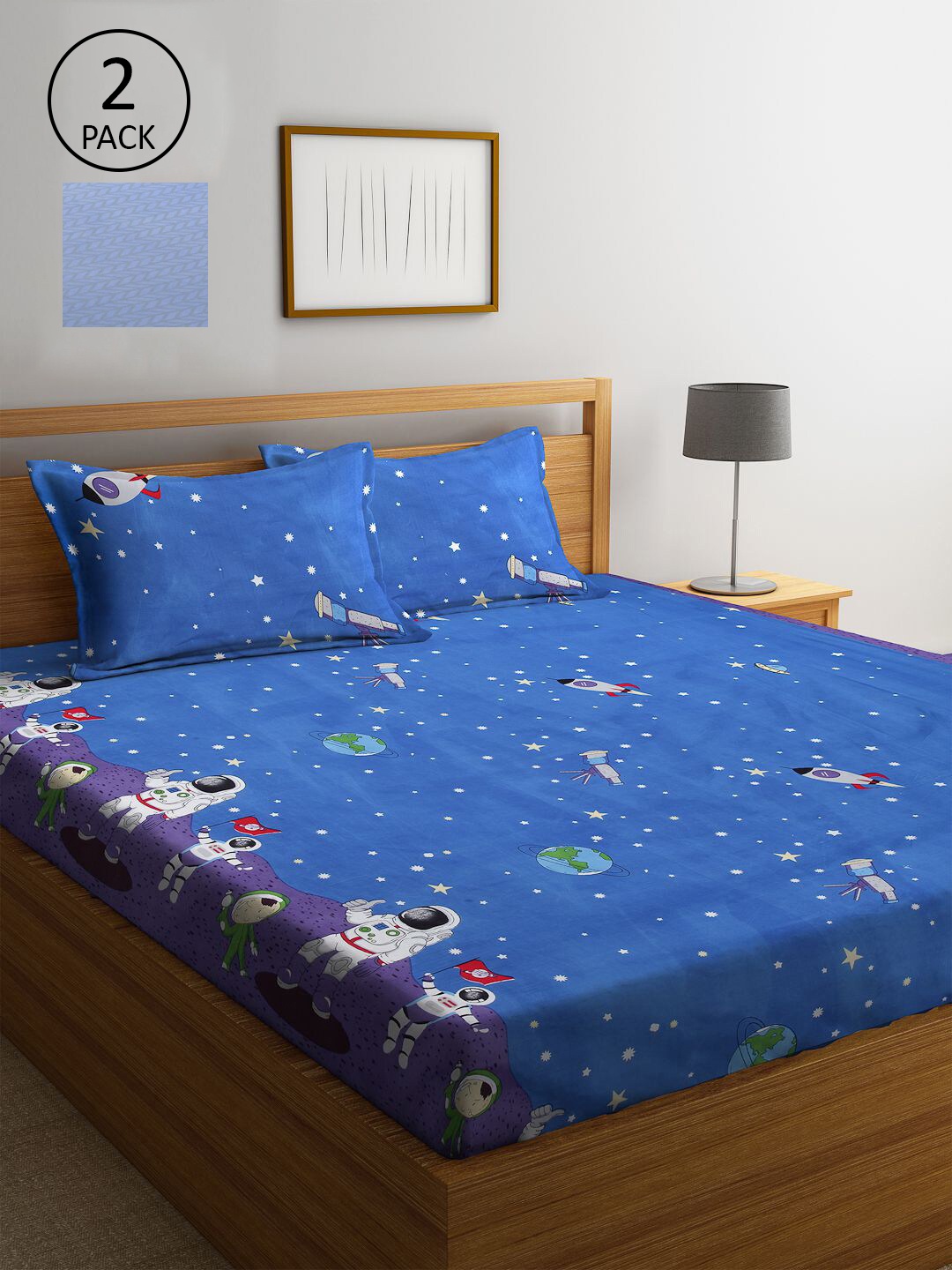

KLOTTHE Blue Cartoon Characters 210 TC 2 King Bedsheet with 4 Pillow Covers