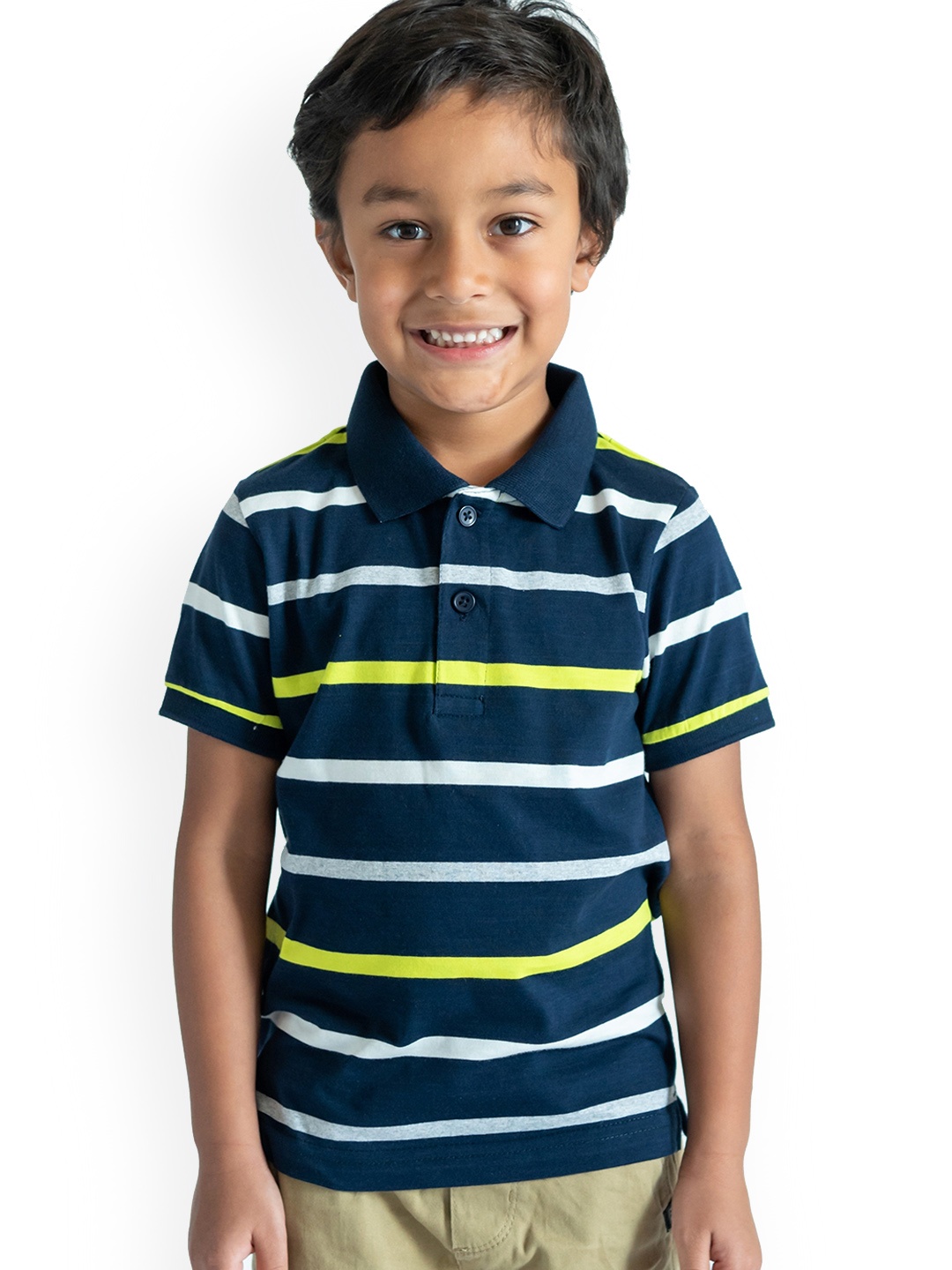 

Campana Boys Navy Blue Striped Polo Collar Pure Cotton T-shirt