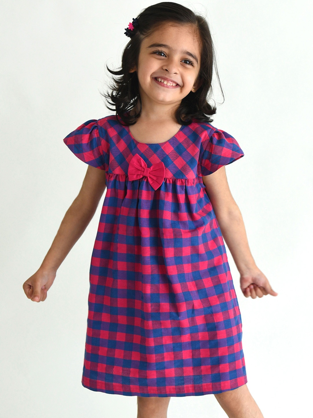 

Campana Purple & Red Checked Cotton A-Line Dress With Bow