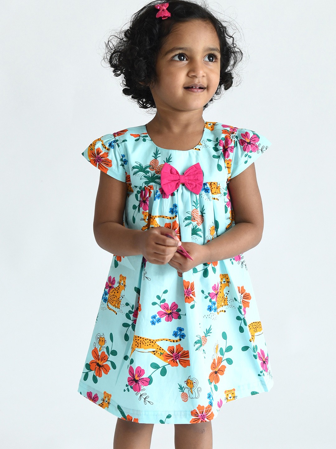 

Campana Girls Blue & Pink Floral Cotton A-Line Dress