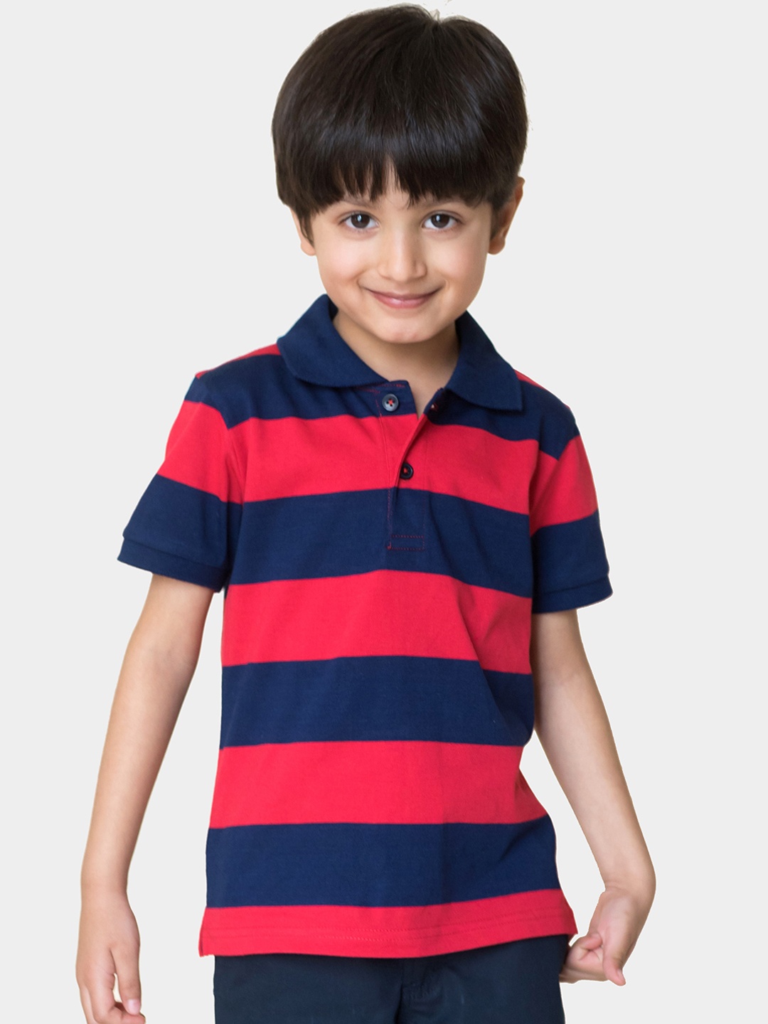 

Campana Boys Navy Blue & Red Striped Polo Collar Pure Cotton T-shirt