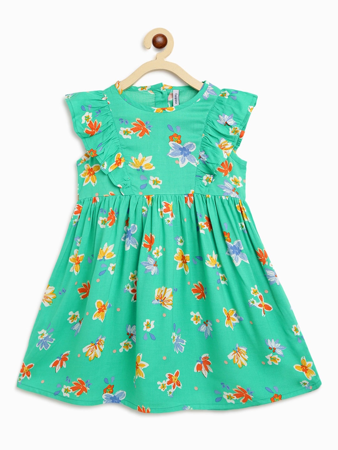 

Campana Girls Green & Red Floral Printed Ruffled Flutter Sleeves Fit & Flare Dress