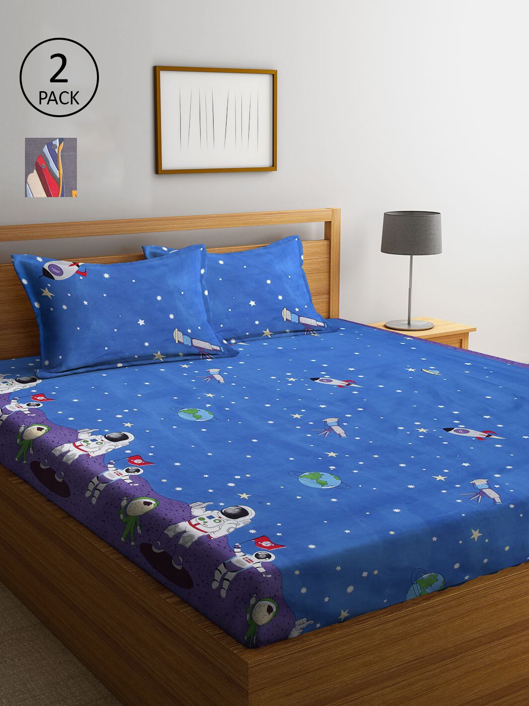 

KLOTTHE Blue & Grey Cartoon Characters 210 TC 2 King Bedsheet with 4 Pillow Covers