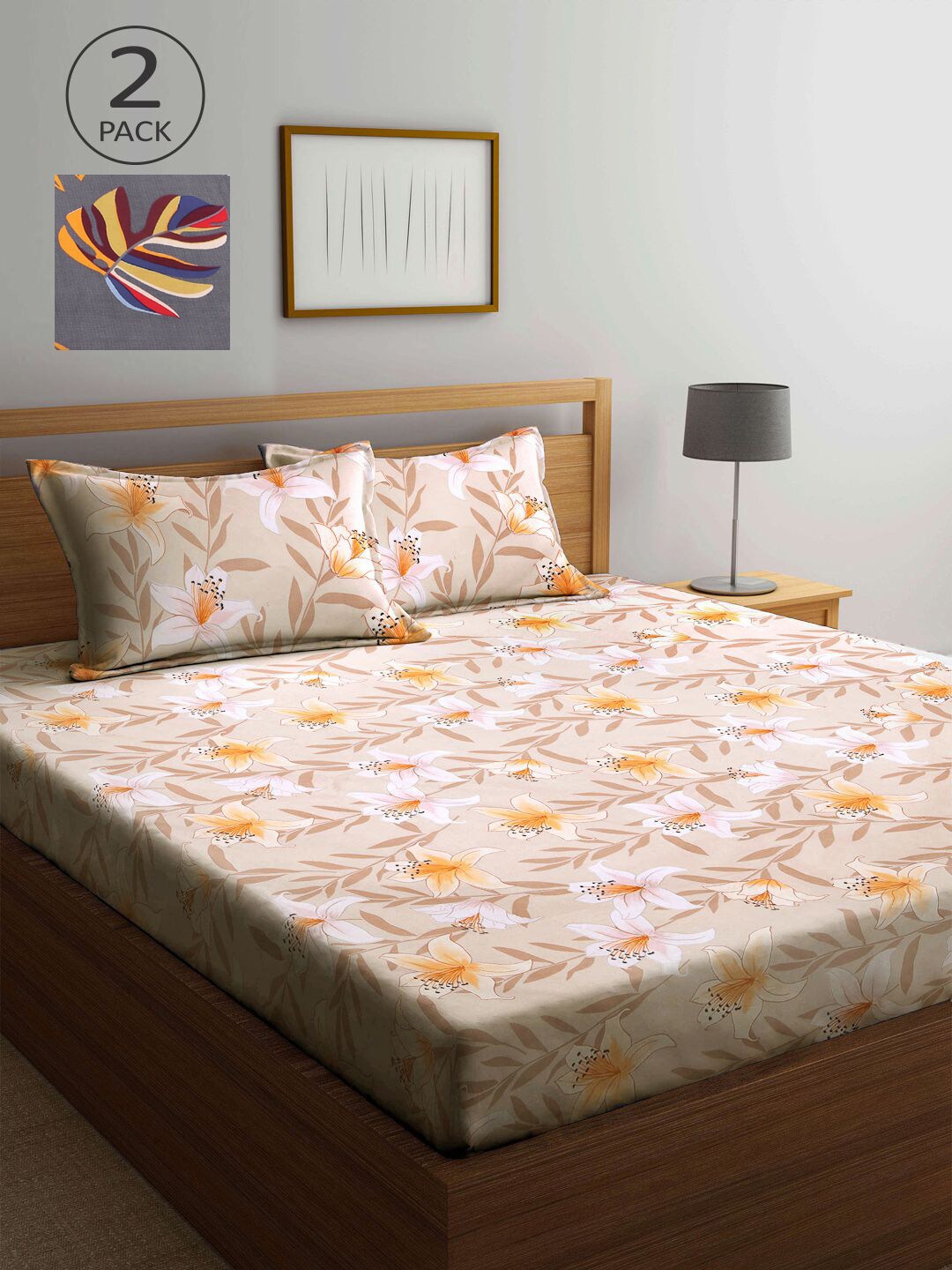 

KLOTTHE Beige & Grey Floral 210 TC 2 King Bedsheet with 4 Pillow Covers