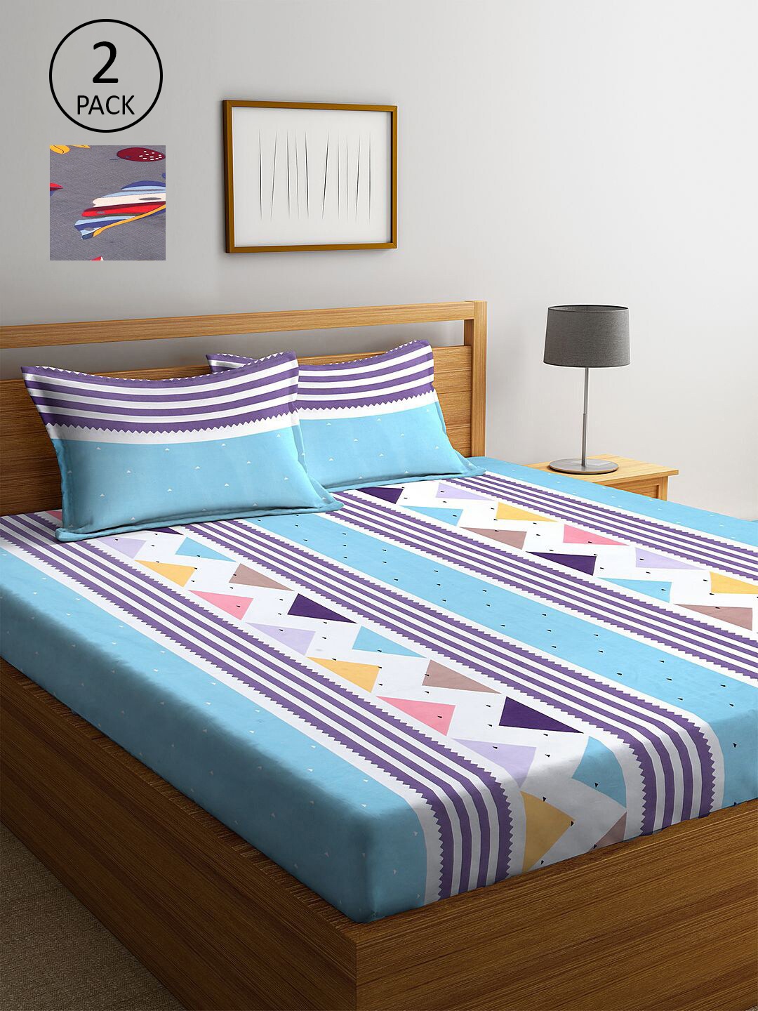 

KLOTTHE Blue & Grey Striped 210 TC 2 King Bedsheet with 4 Pillow Covers