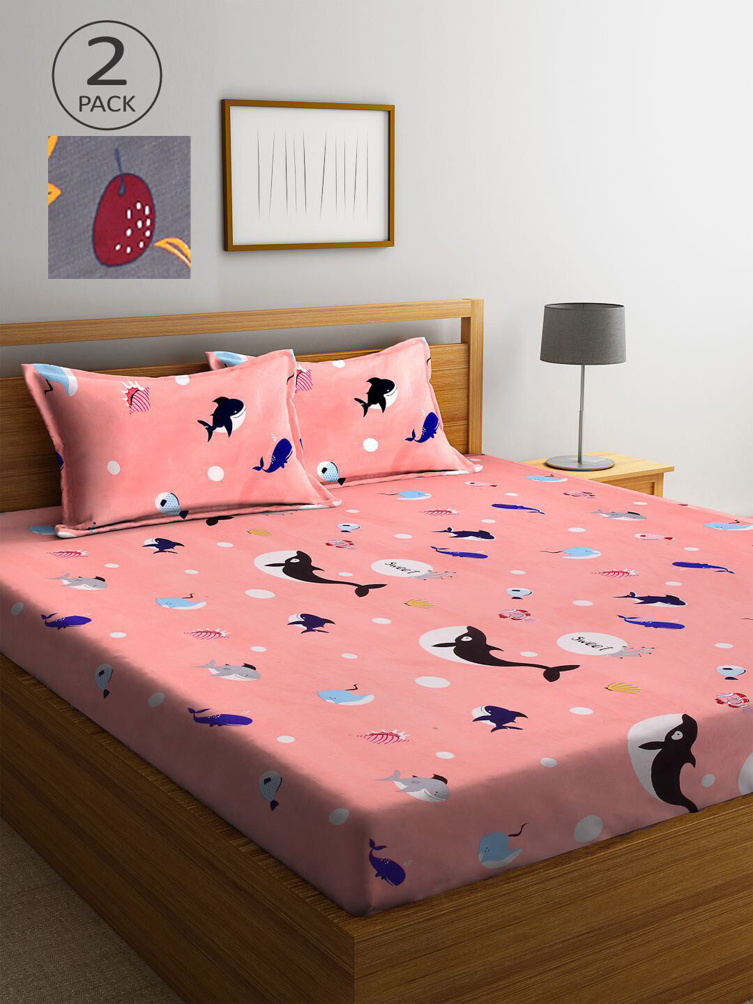 

KLOTTHE Peach-Coloured & Grey Cartoon Characters 210 TC 2 King Bedsheet with 4 Pillow Covers