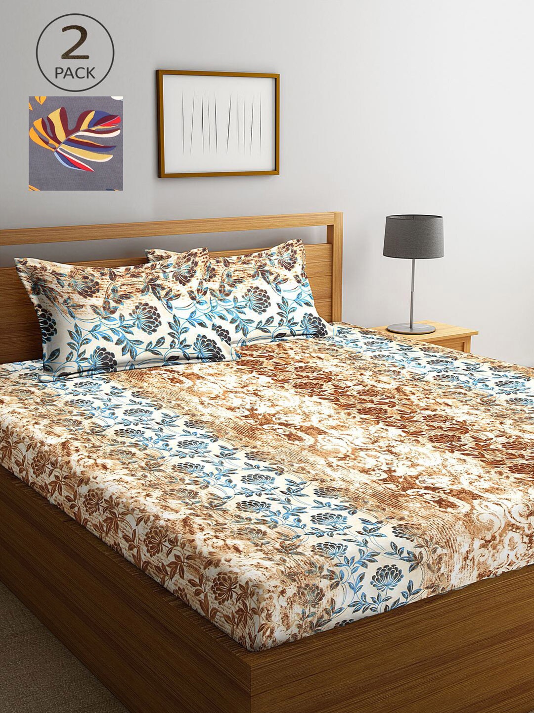 

KLOTTHE Beige & Grey Floral 210 TC 2 King Bedsheet with 4 Pillow Covers